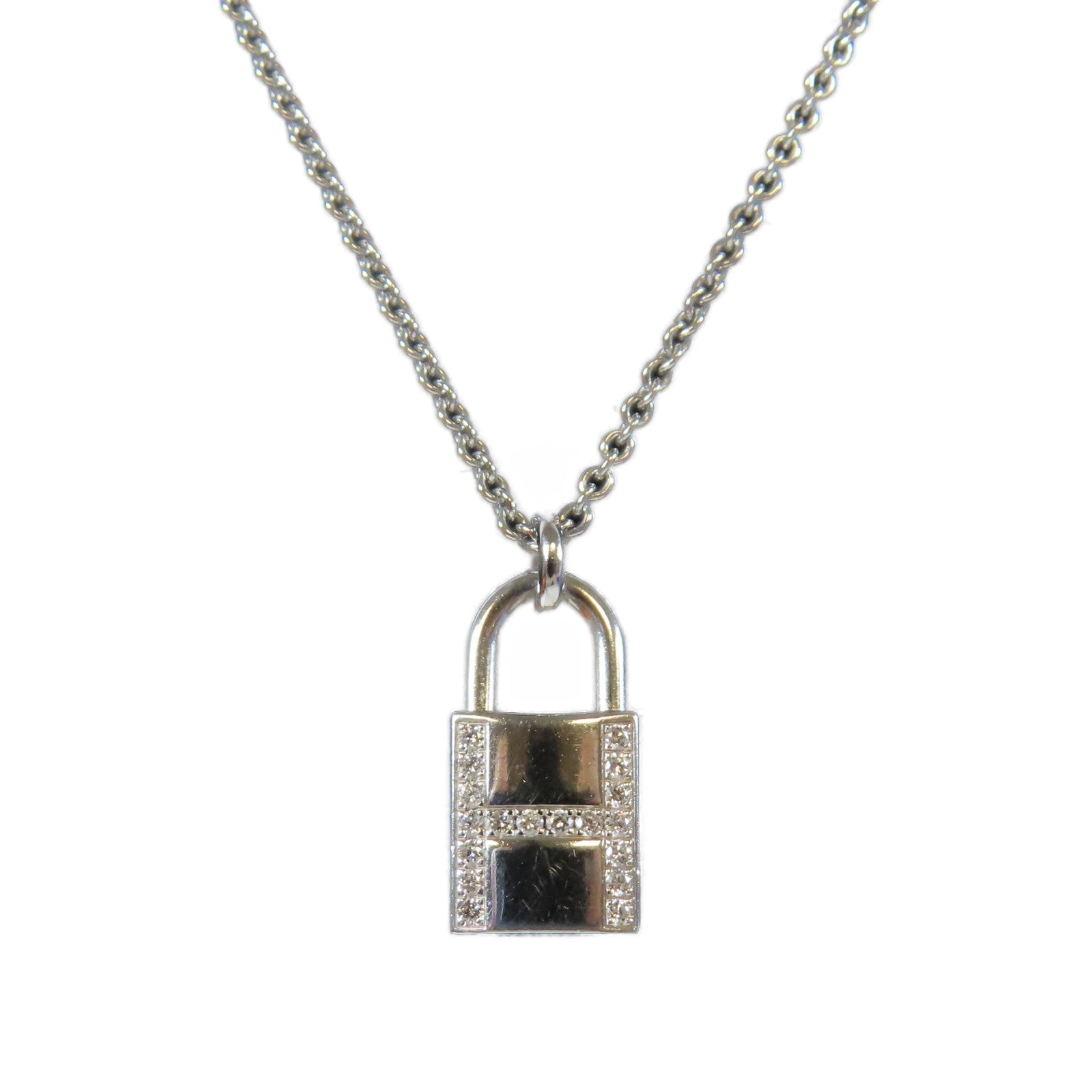 HERMES 18K白金/鑽石Kelly Cadenas Pendant0.09ct鑽石項鍊#40cm