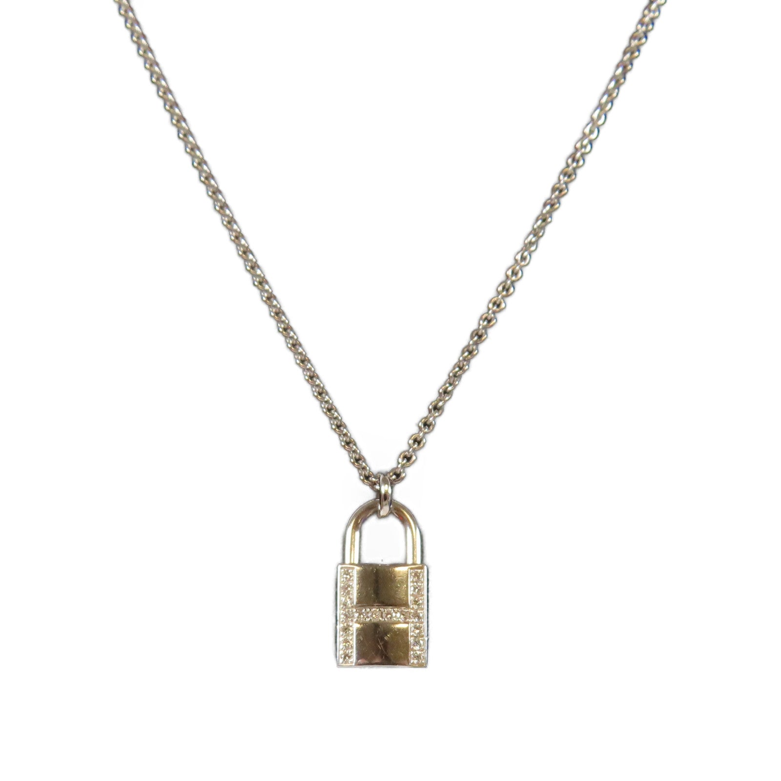 HERMES 18K白金/鑽石Kelly Cadenas Pendant0.09ct鑽石項鍊#40cm