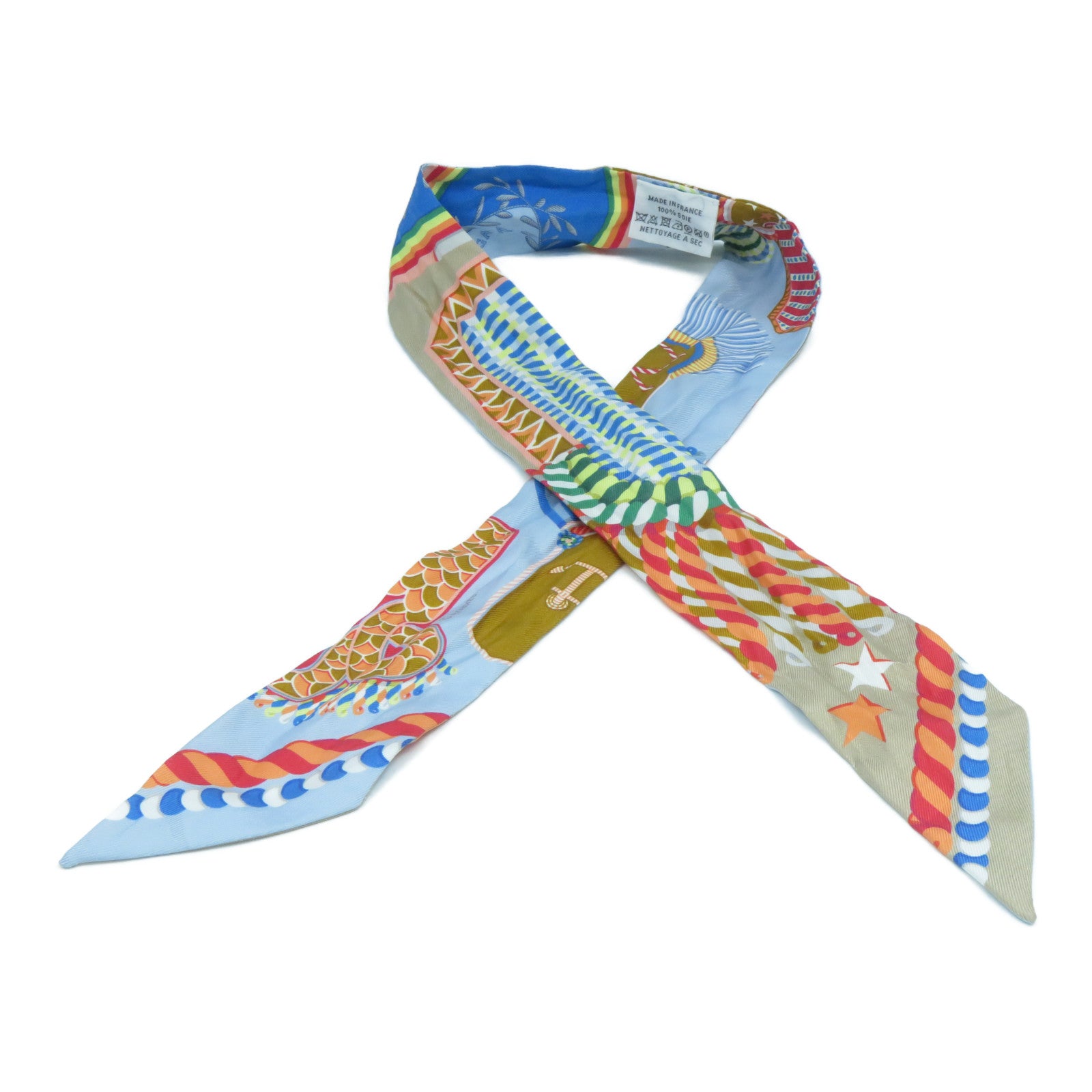 HERMES 絲質Twilly Scarf絲巾色彩色/淺藍色
