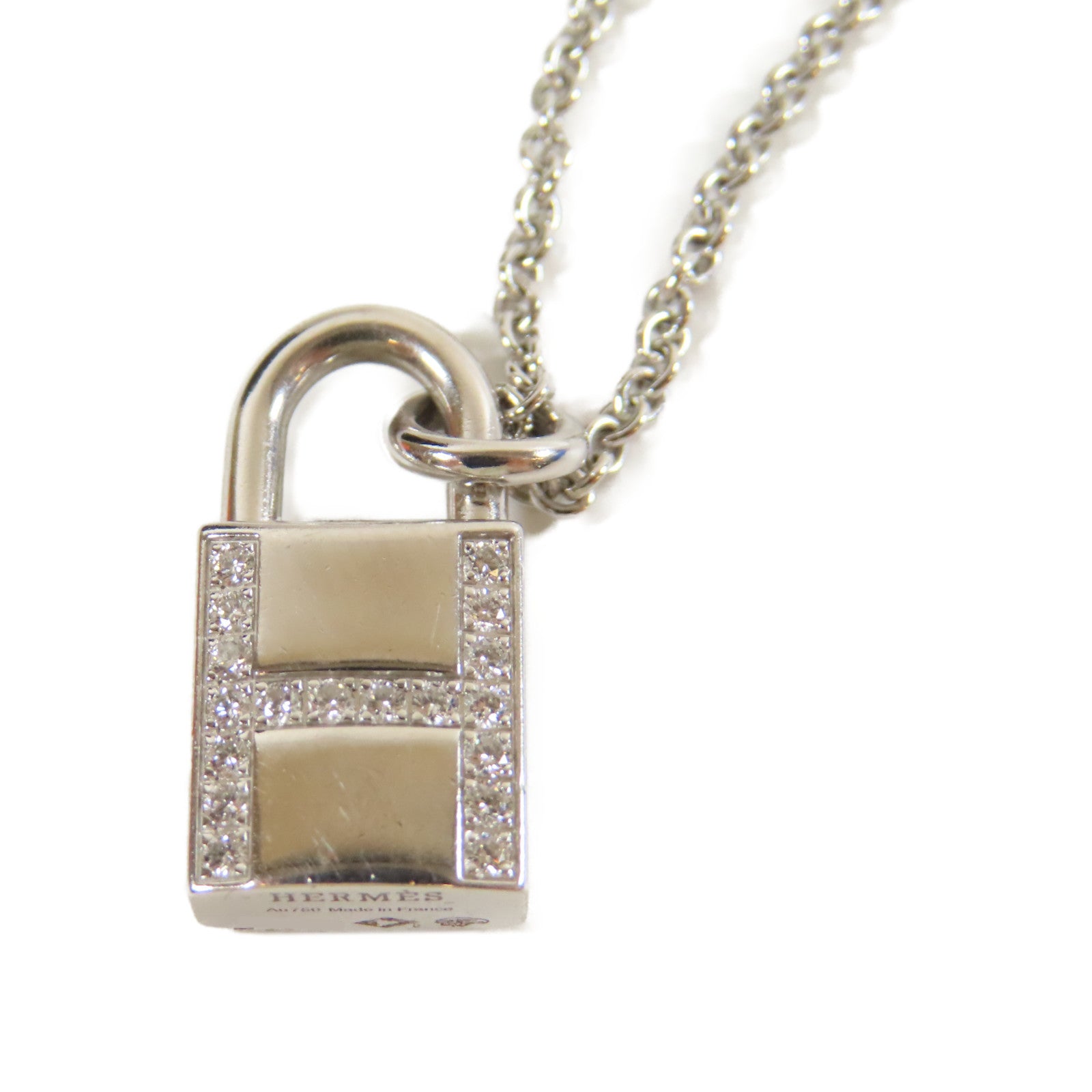 HERMES 18K白金/鑽石Kelly Cadenas Pendant0.09ct鑽石項鍊#40cm