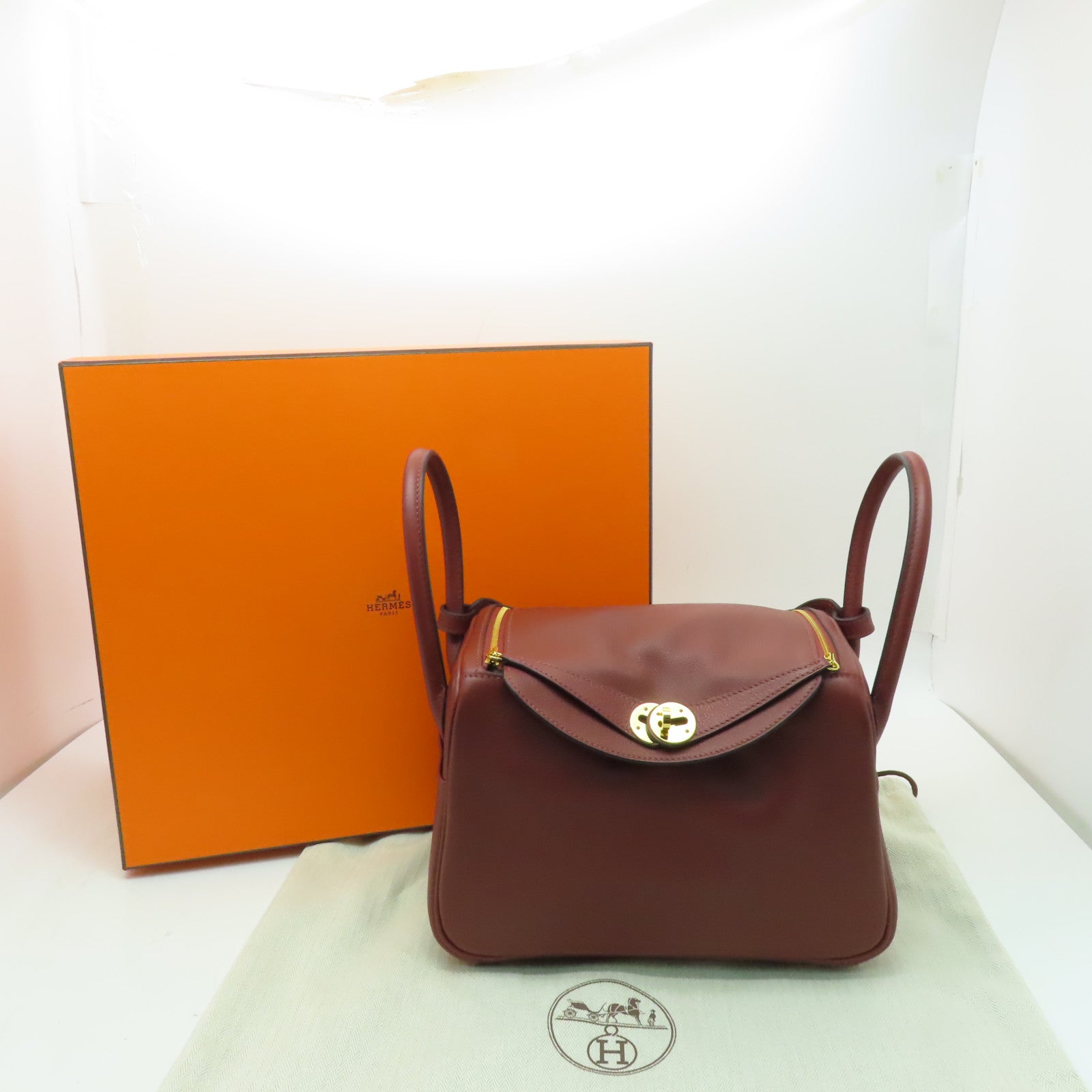 HERMES Evercolor皮革Lindy 26金扣手挽肩背兩用袋紅色
