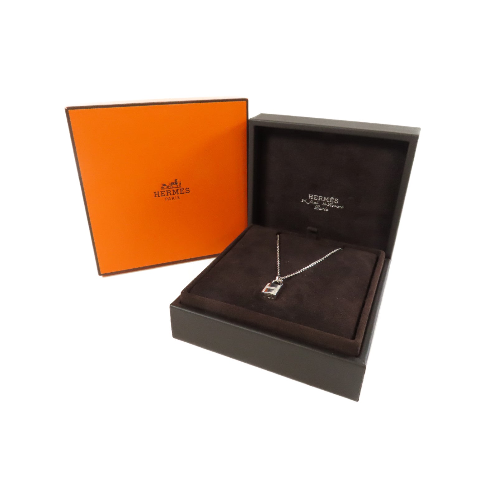 HERMES 18K白金/鑽石Kelly Cadenas Pendant0.09ct鑽石項鍊#40cm