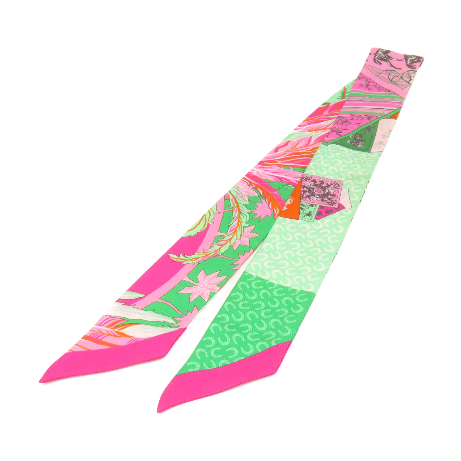 HERMES 【激減優惠】絲質Twilly Scarf絲巾粉紅色/綠色/彩色