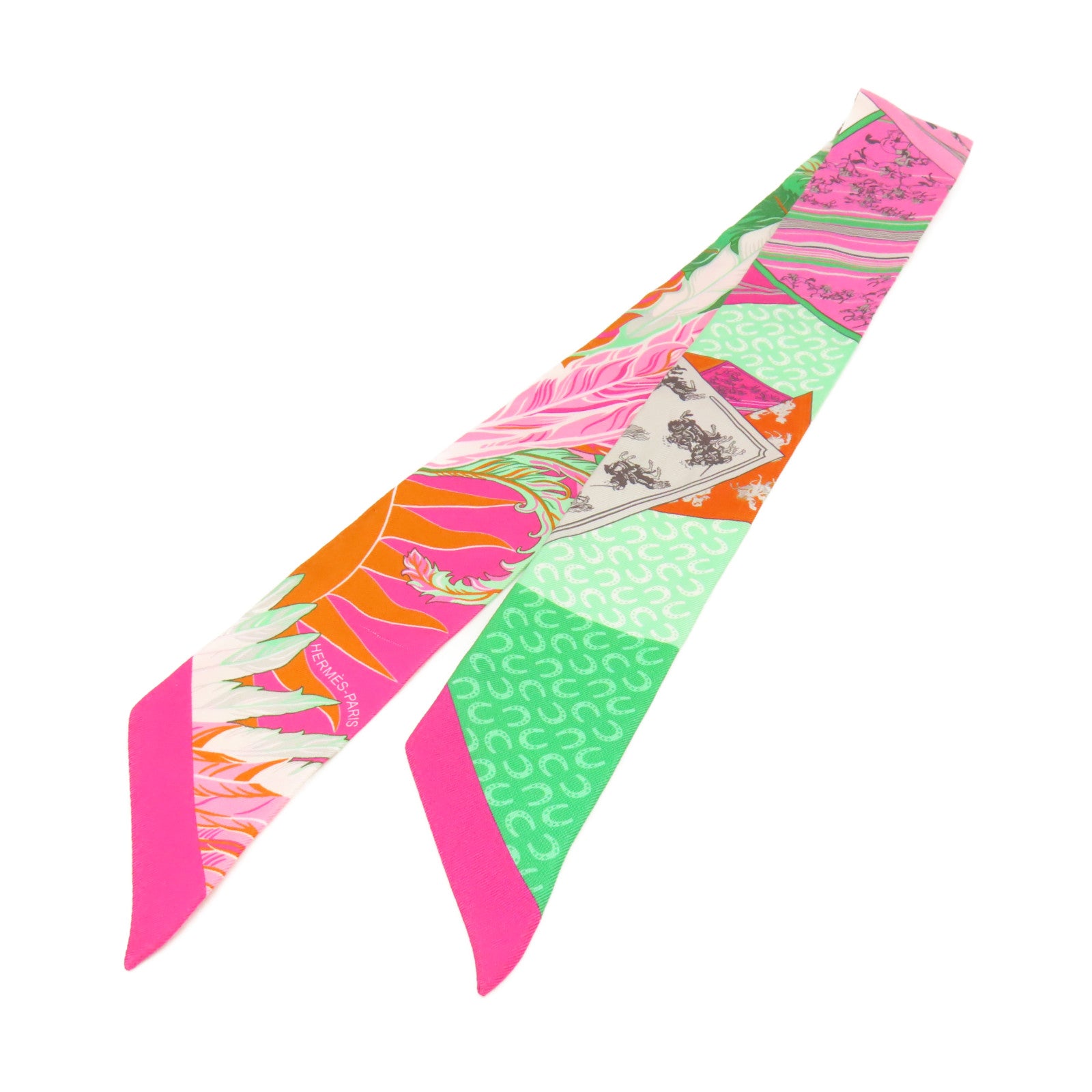 HERMES 【激減優惠】絲質Twilly Scarf絲巾粉紅色/綠色/彩色