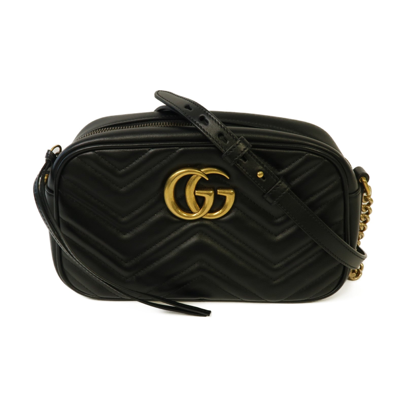 GUCCI 皮革GG Marmont金扣鏈帶肩背袋黑色