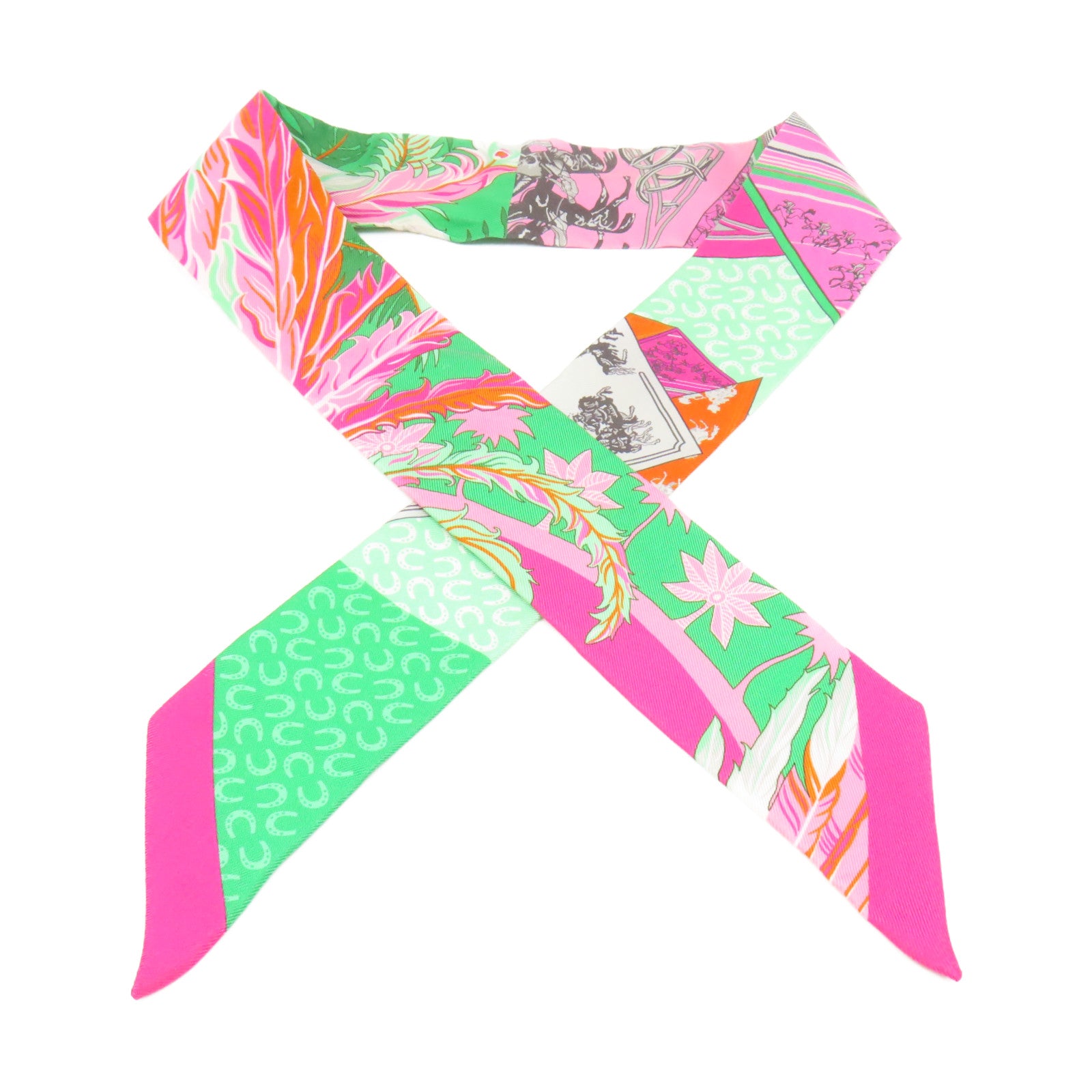 HERMES 【激減優惠】絲質Twilly Scarf絲巾粉紅色/綠色/彩色