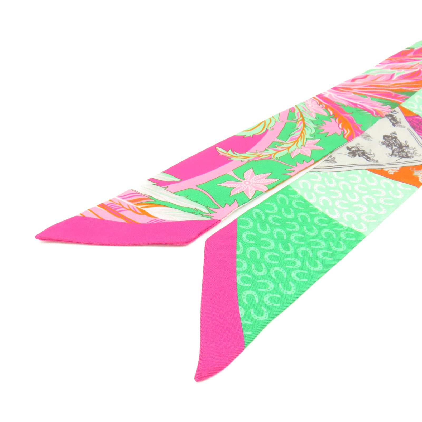 HERMES 【激減優惠】絲質Twilly Scarf絲巾粉紅色/綠色/彩色