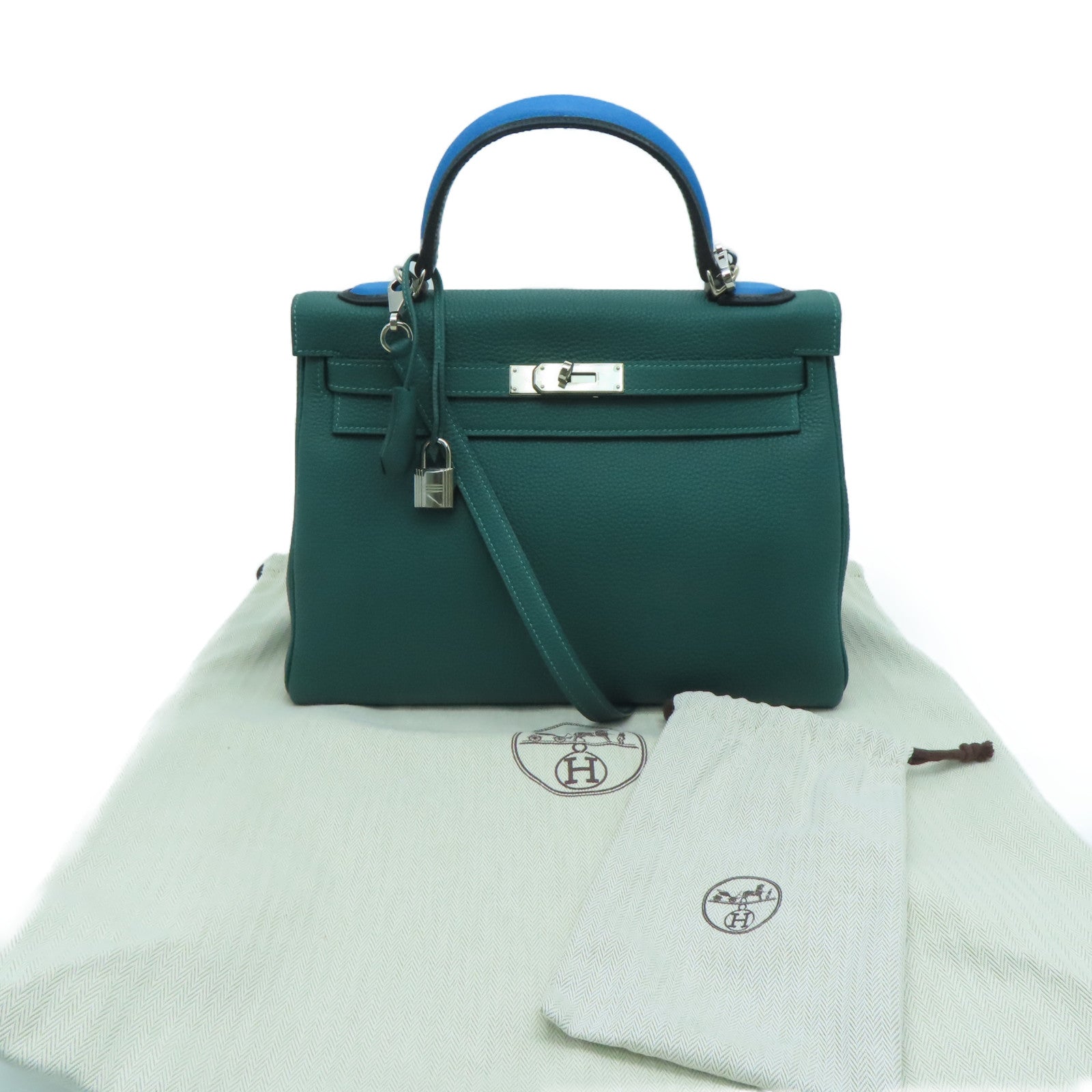 HERMES [Sharp discount] Togo leather Galop Kelly 32 silver buckle shoulder bag Malachite/Zanzibar