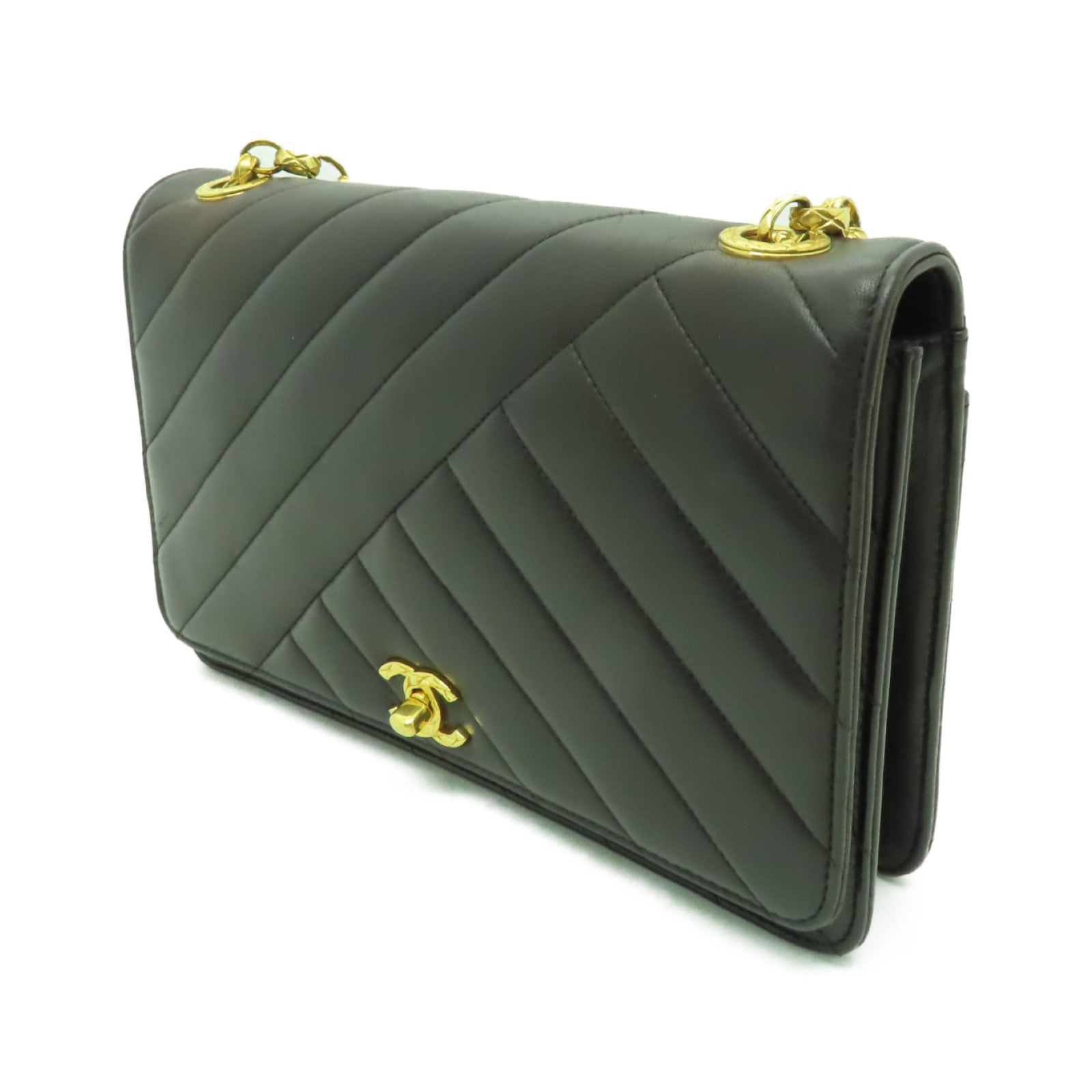 CHANEL 羊皮皮革Chain Shoulder Bag金扣鏈帶肩背袋啡色