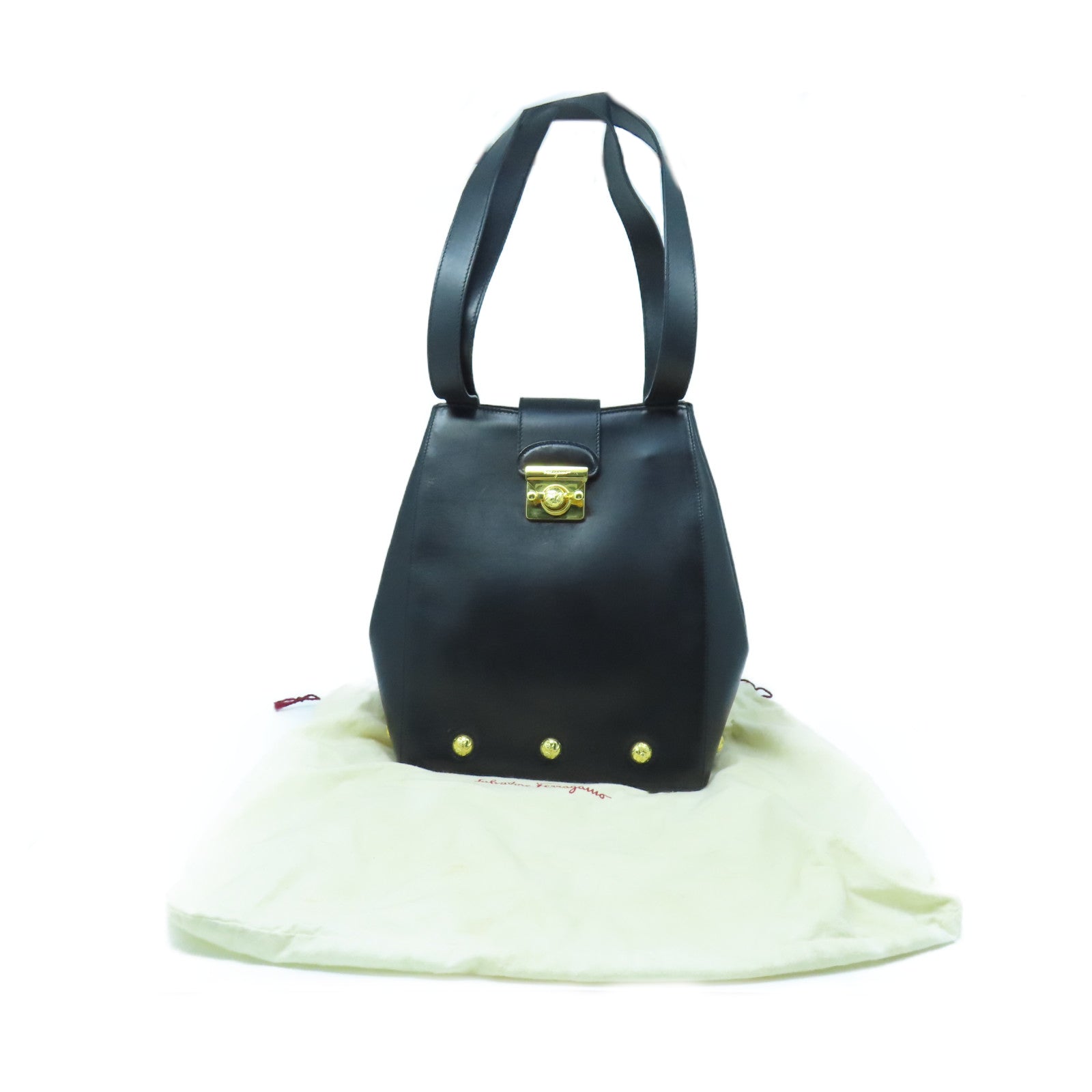 Salvatore Ferragamo Leather Shoulder Bag Gold Buckle Black