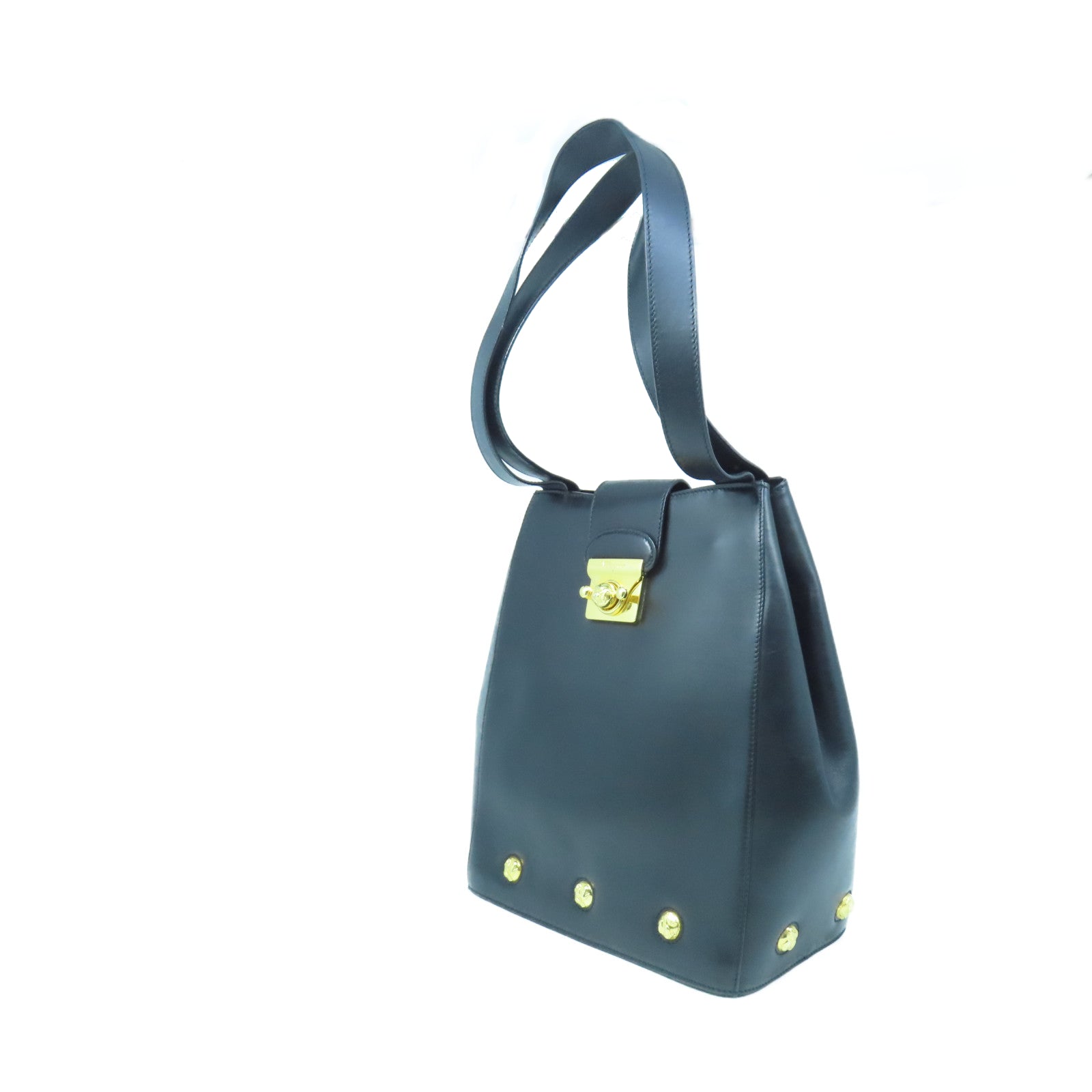 Salvatore Ferragamo Leather Shoulder Bag Gold Buckle Black