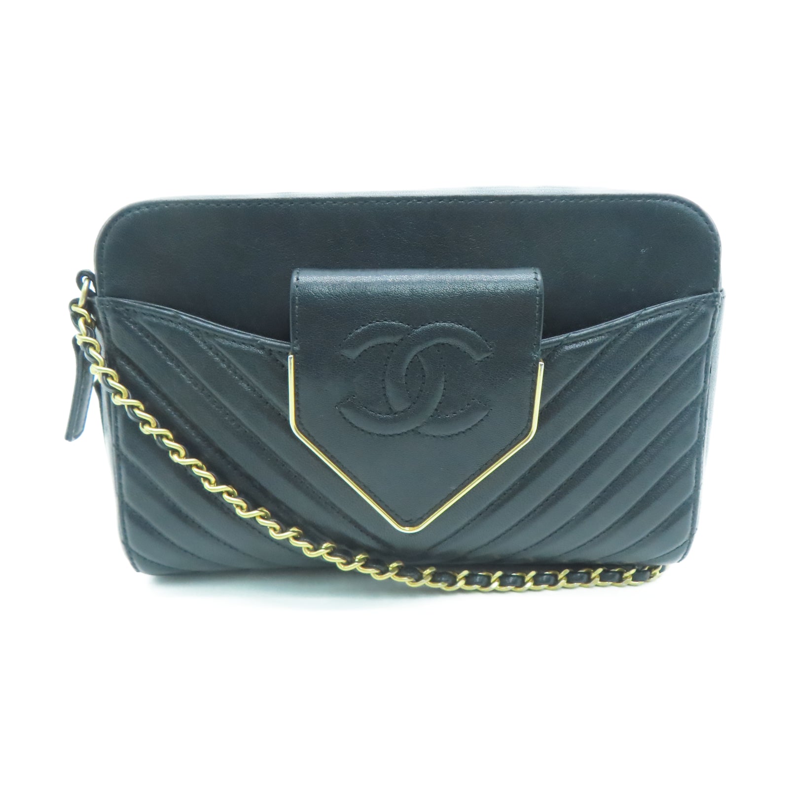 CHANEL 斜纹羊皮皮革Chain Shoulder金扣链带肩背袋黑色