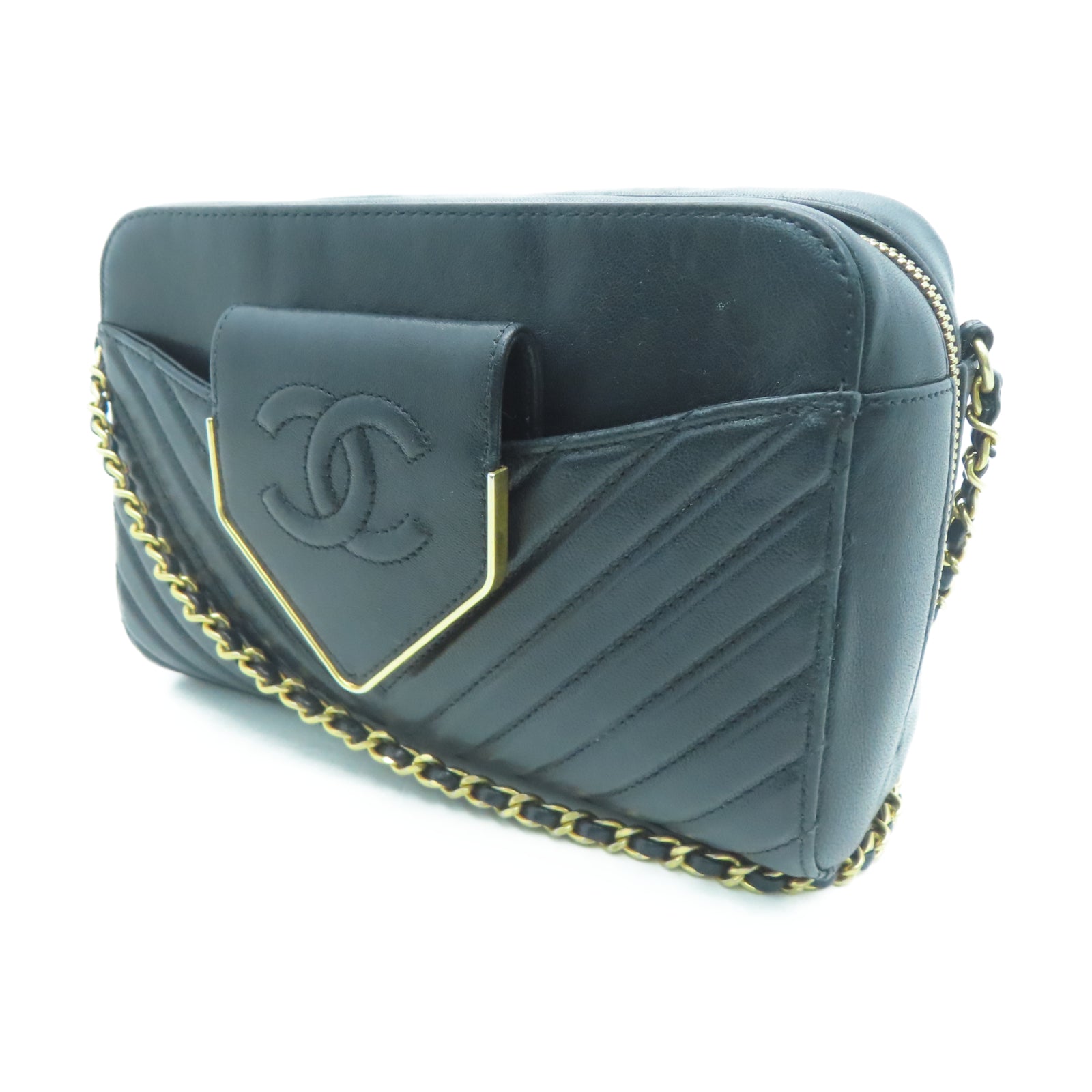 CHANEL 斜纹羊皮皮革Chain Shoulder金扣链带肩背袋黑色