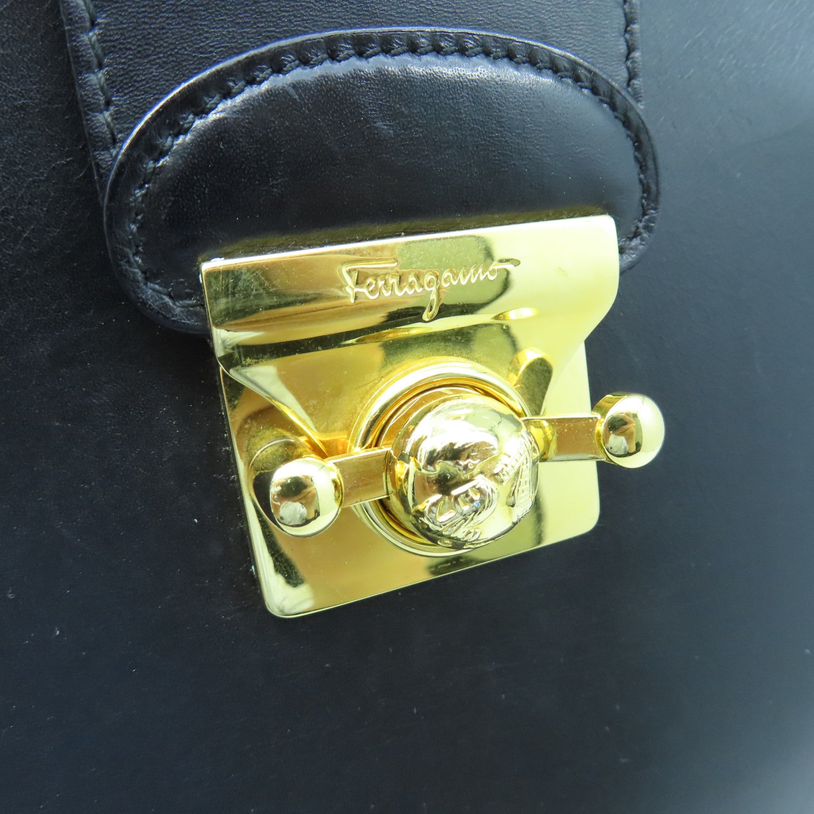 Salvatore Ferragamo Leather Shoulder Bag Gold Buckle Black