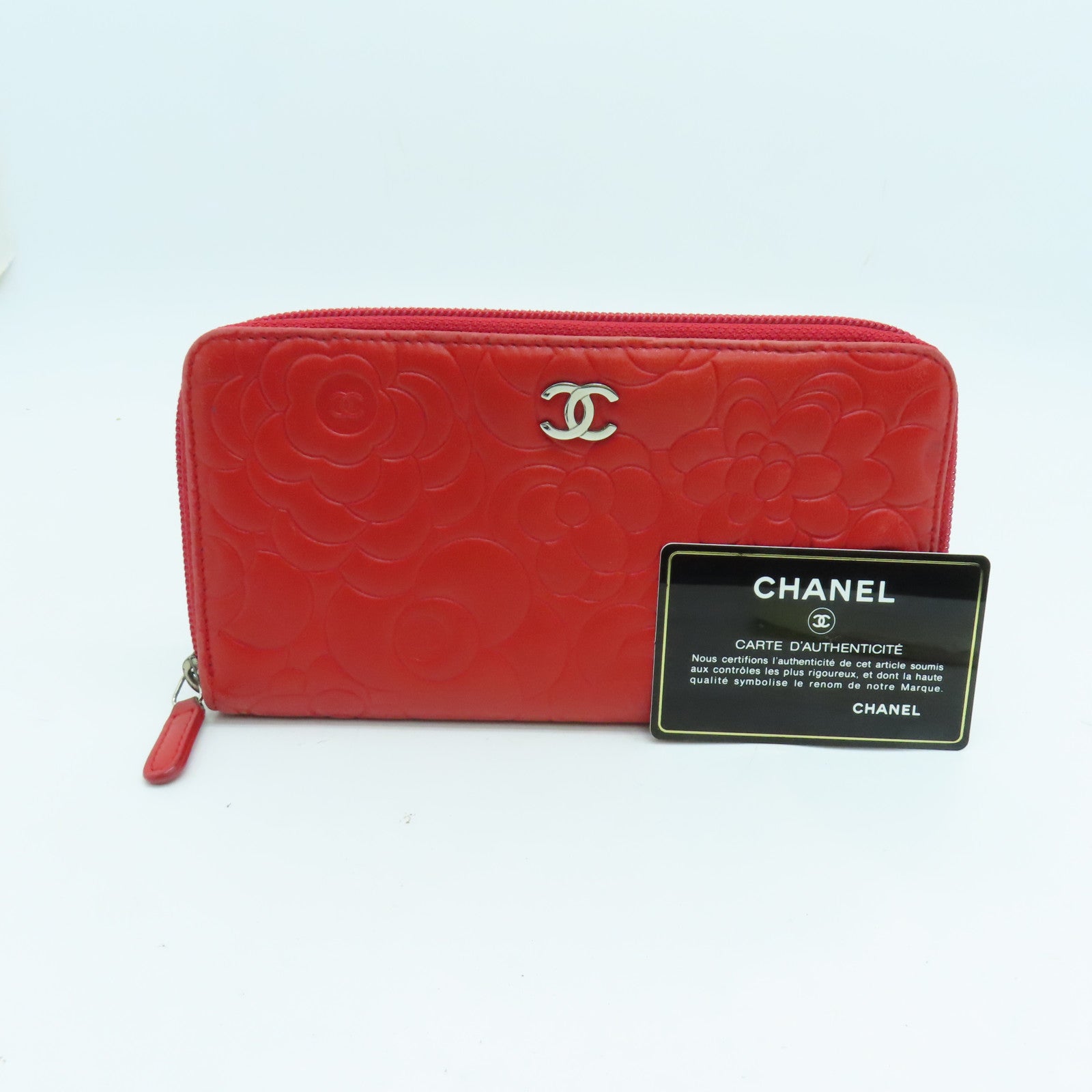 CHANEL Sheepskin Leather Long Wallet Silver Buckle Long Wallet Red