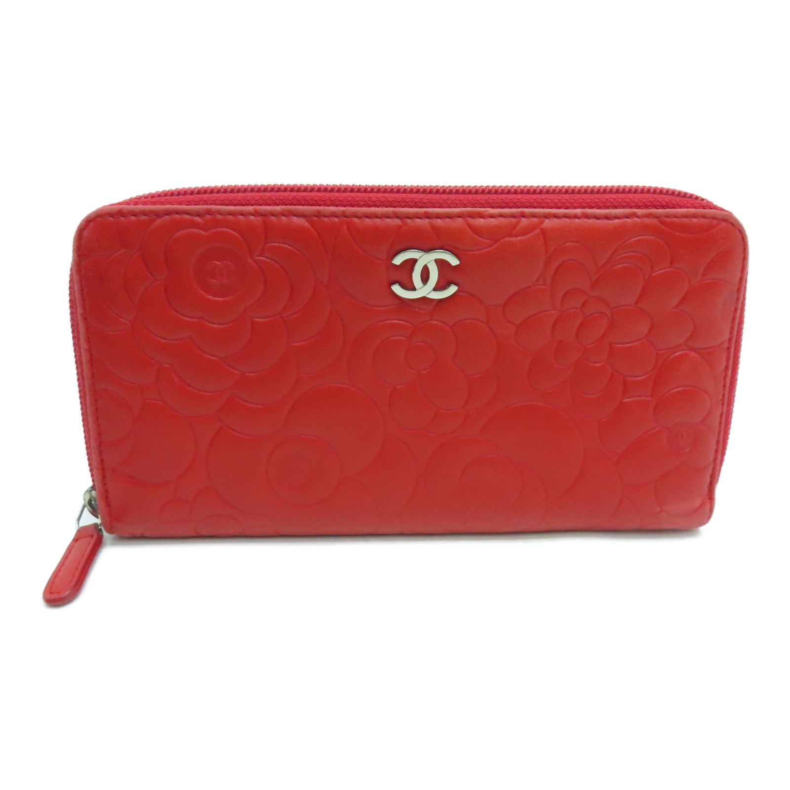 CHANEL Sheepskin Leather Long Wallet Silver Buckle Long Wallet Red