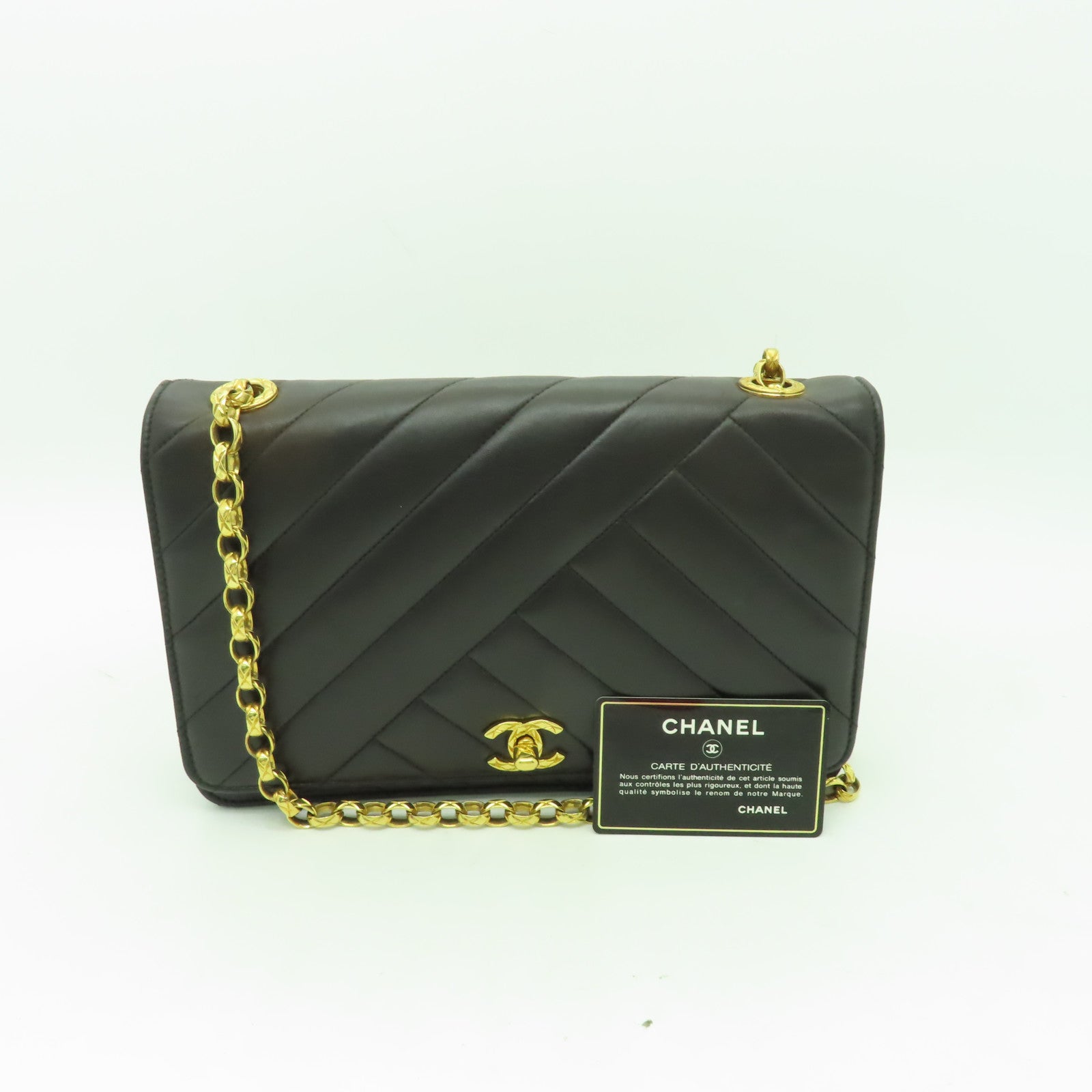 CHANEL 羊皮皮革Chain Shoulder Bag金扣鏈帶肩背袋啡色