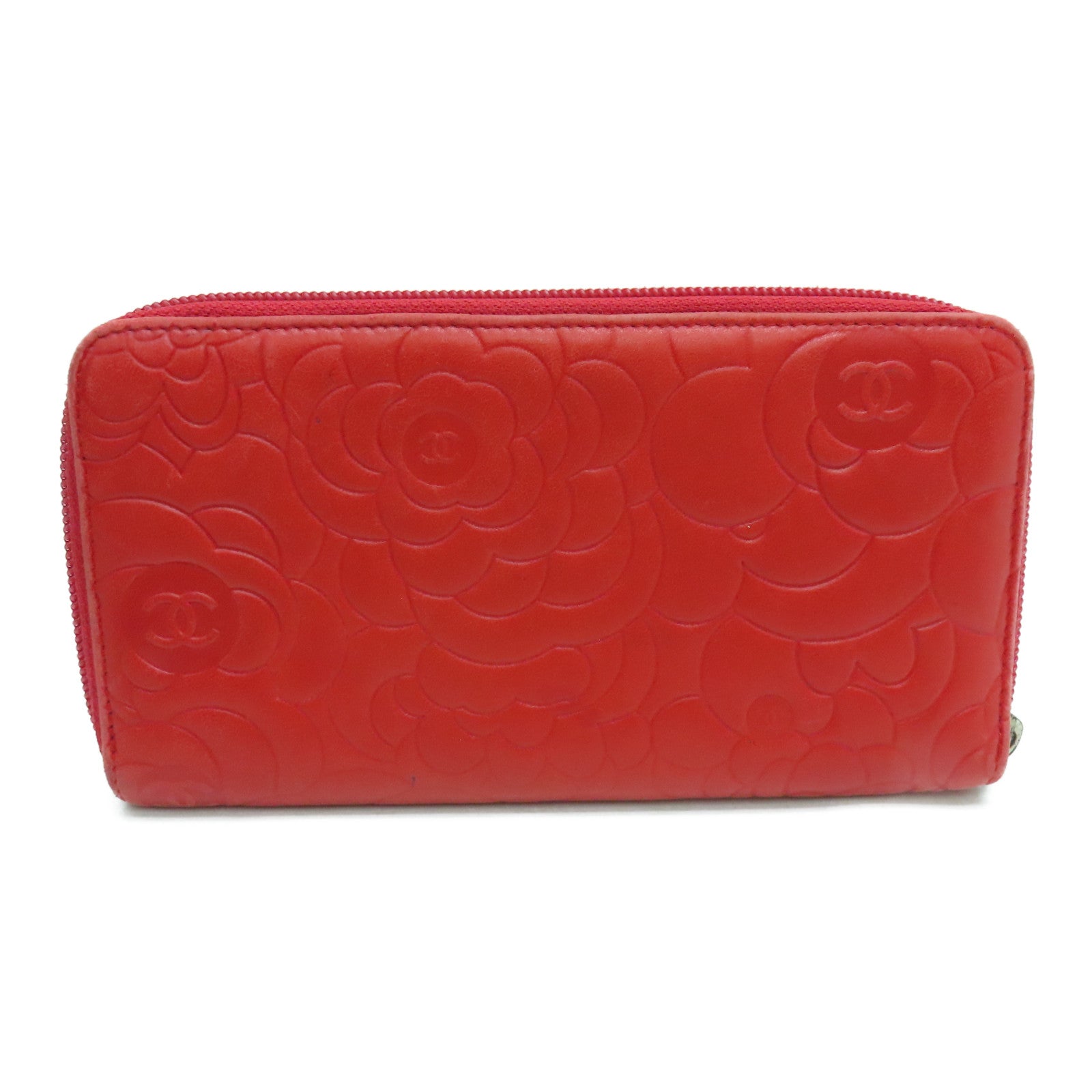 CHANEL Sheepskin Leather Long Wallet Silver Buckle Long Wallet Red