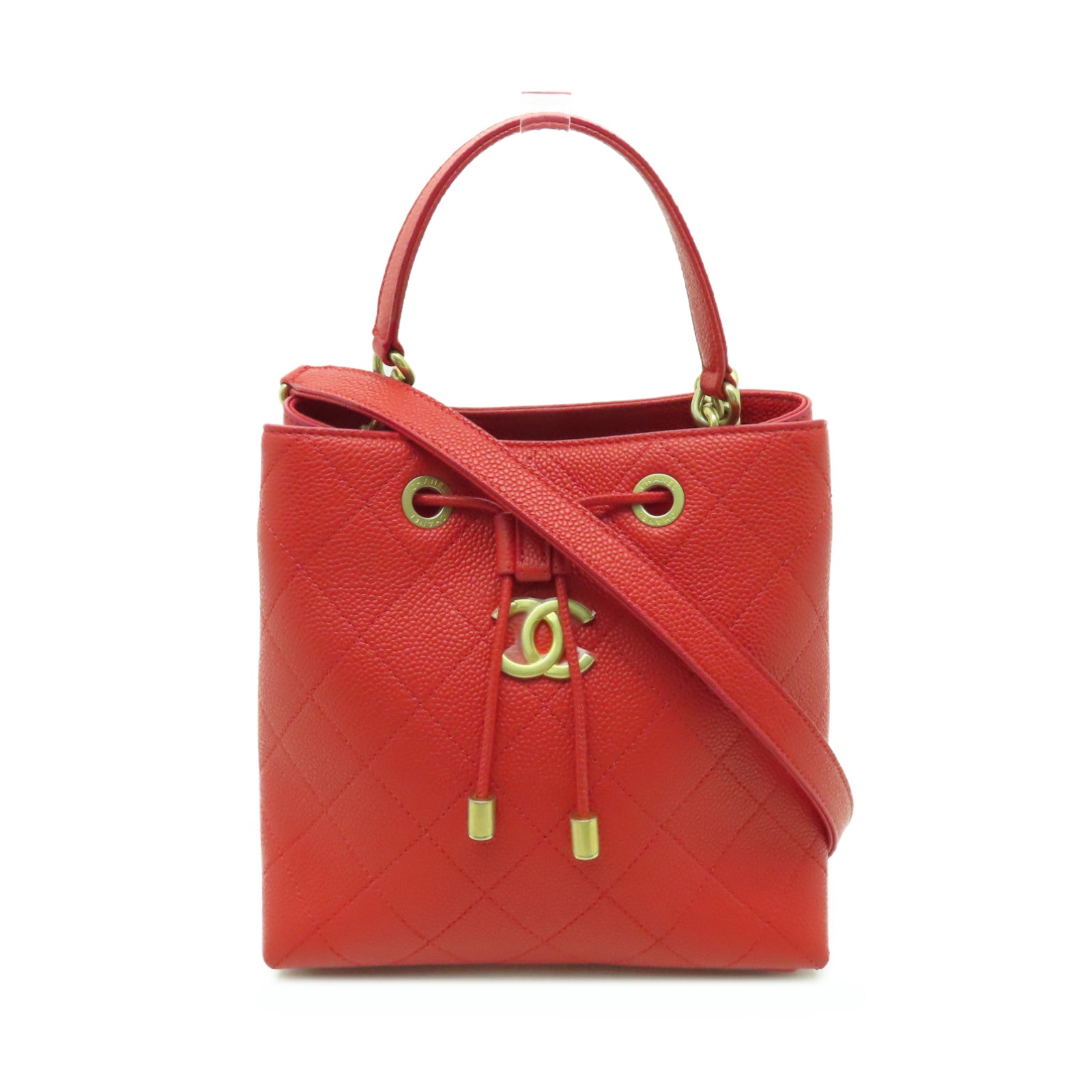 CHANEL 菱格Caviar皮革Bucket Sling金扣手挽肩背兩用袋紅色