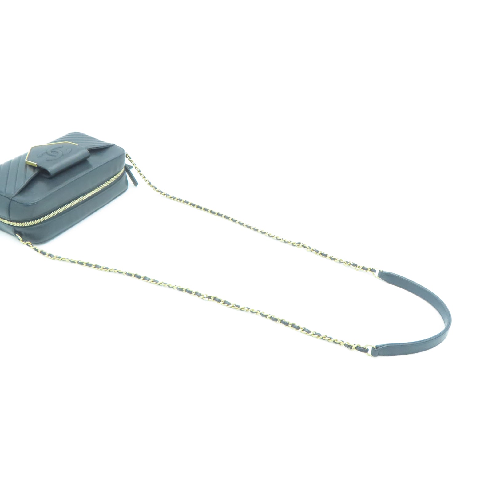 CHANEL 斜纹羊皮皮革Chain Shoulder金扣链带肩背袋黑色