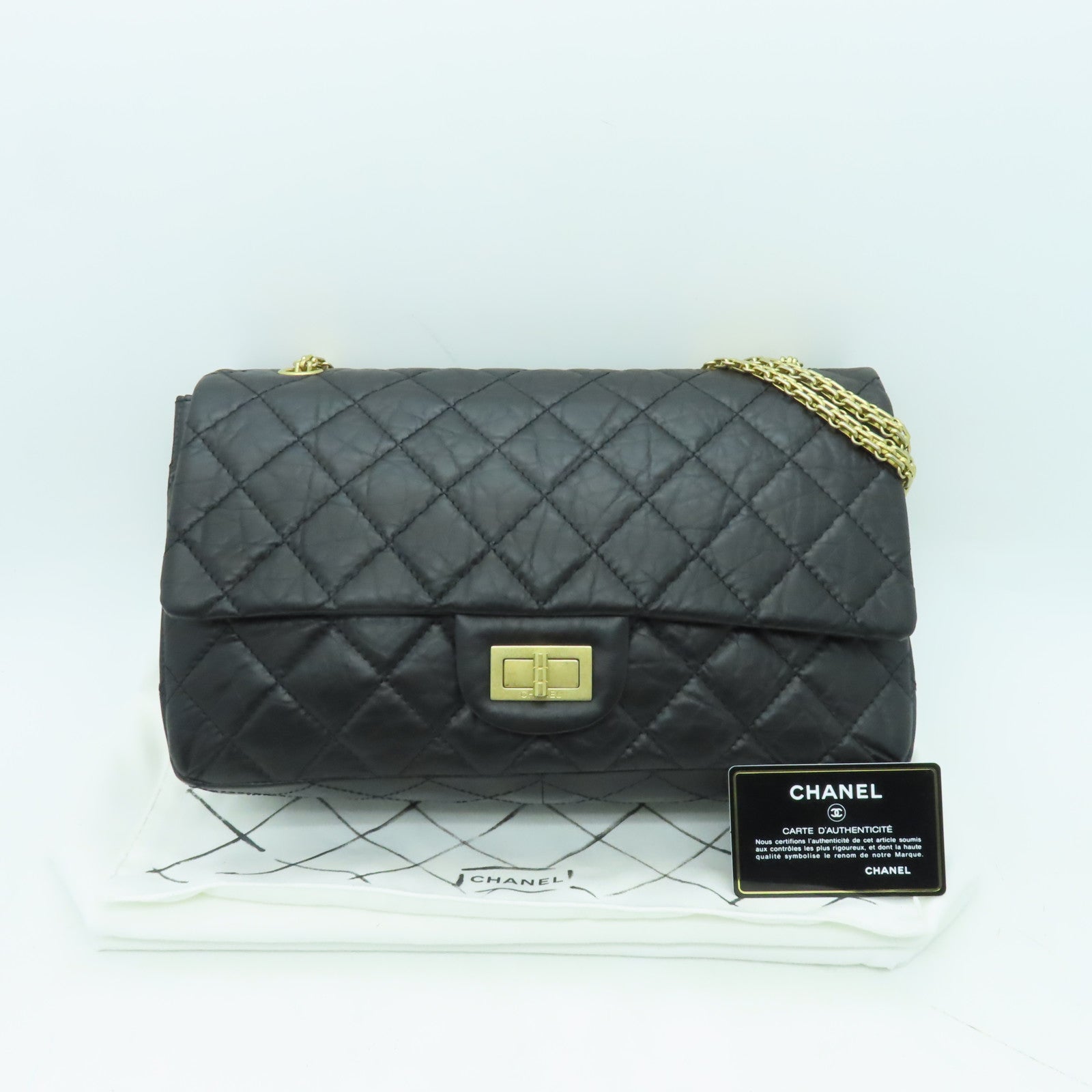 CHANEL 菱格牛皮皮革2.55金扣鏈帶肩背袋黑色