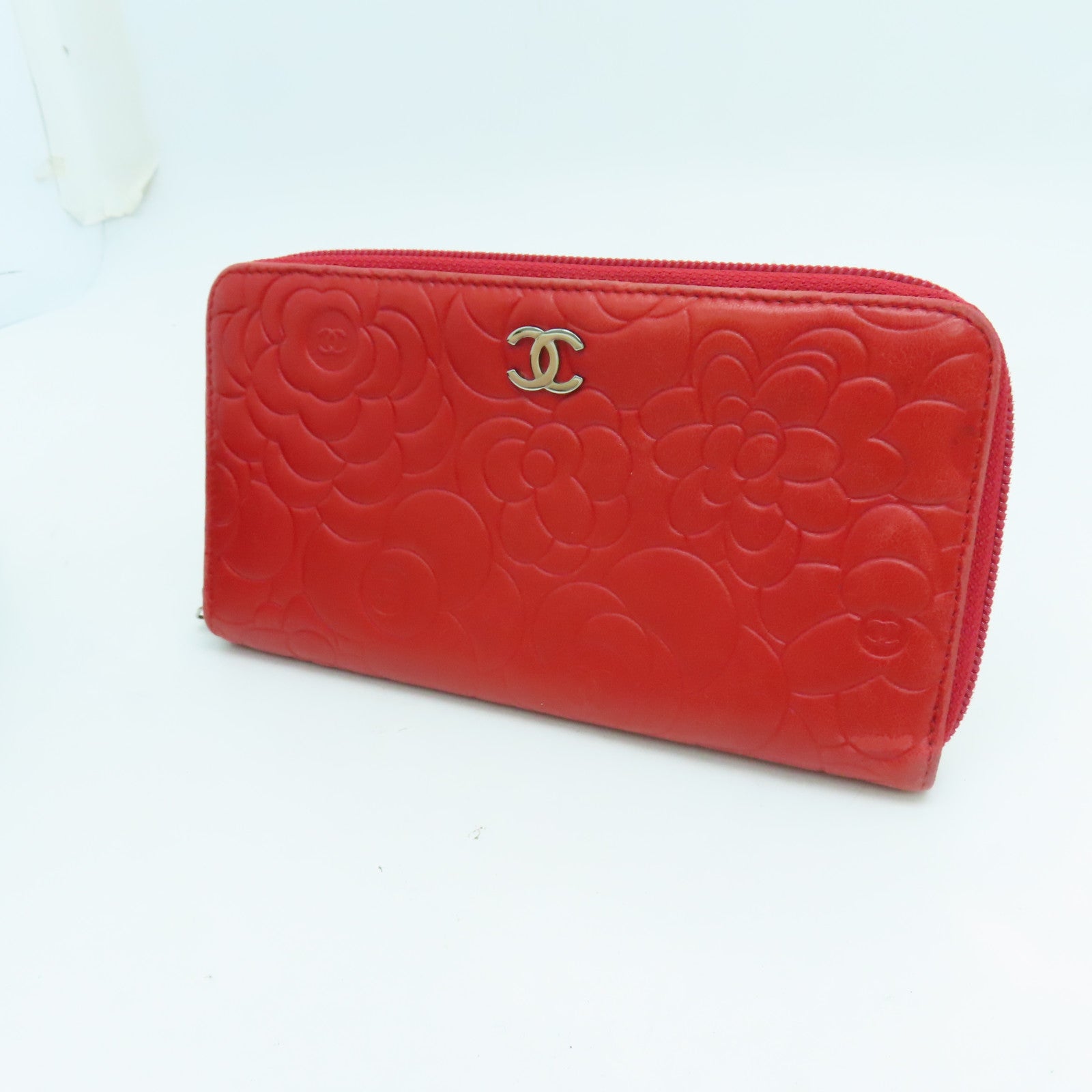 CHANEL Sheepskin Leather Long Wallet Silver Buckle Long Wallet Red