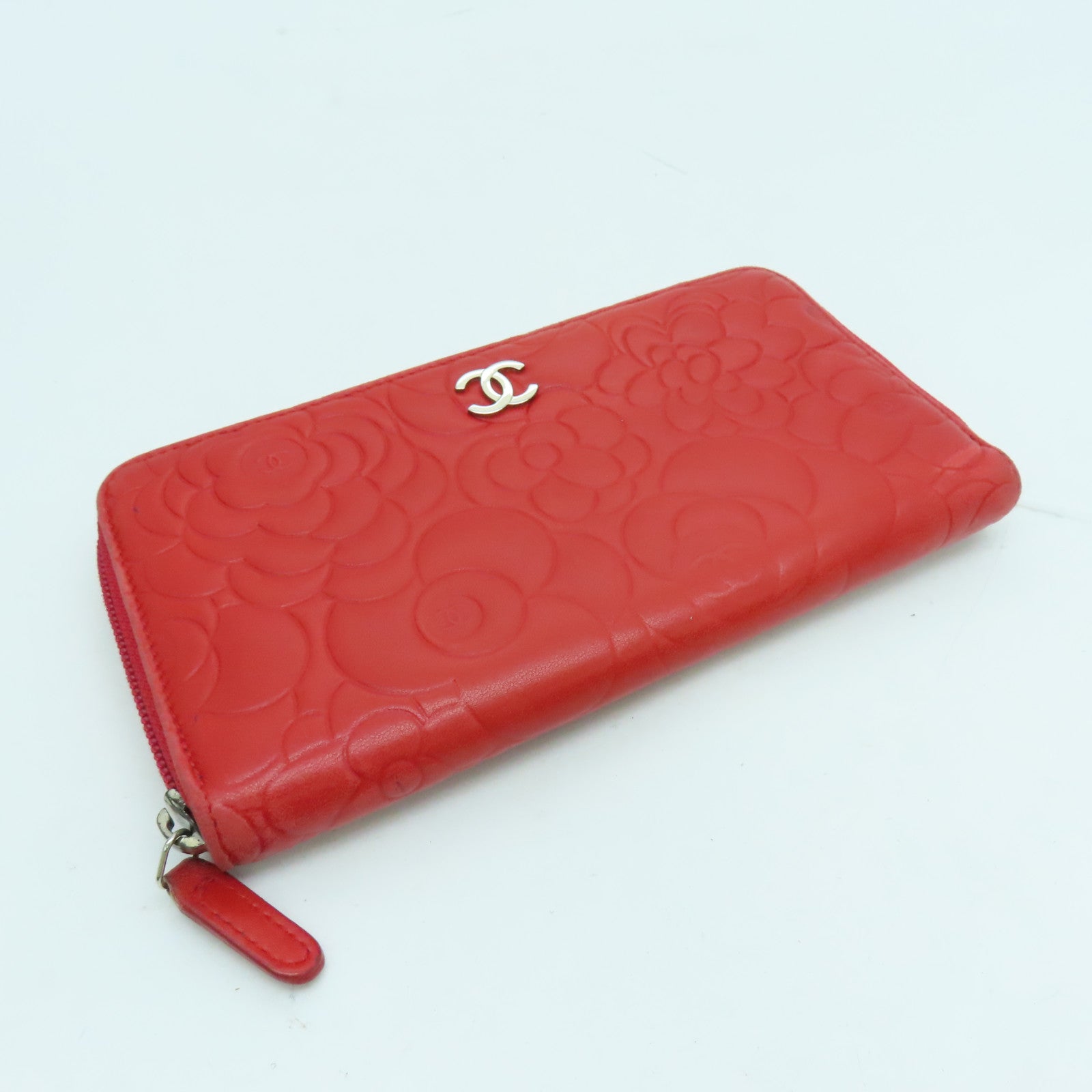CHANEL Sheepskin Leather Long Wallet Silver Buckle Long Wallet Red