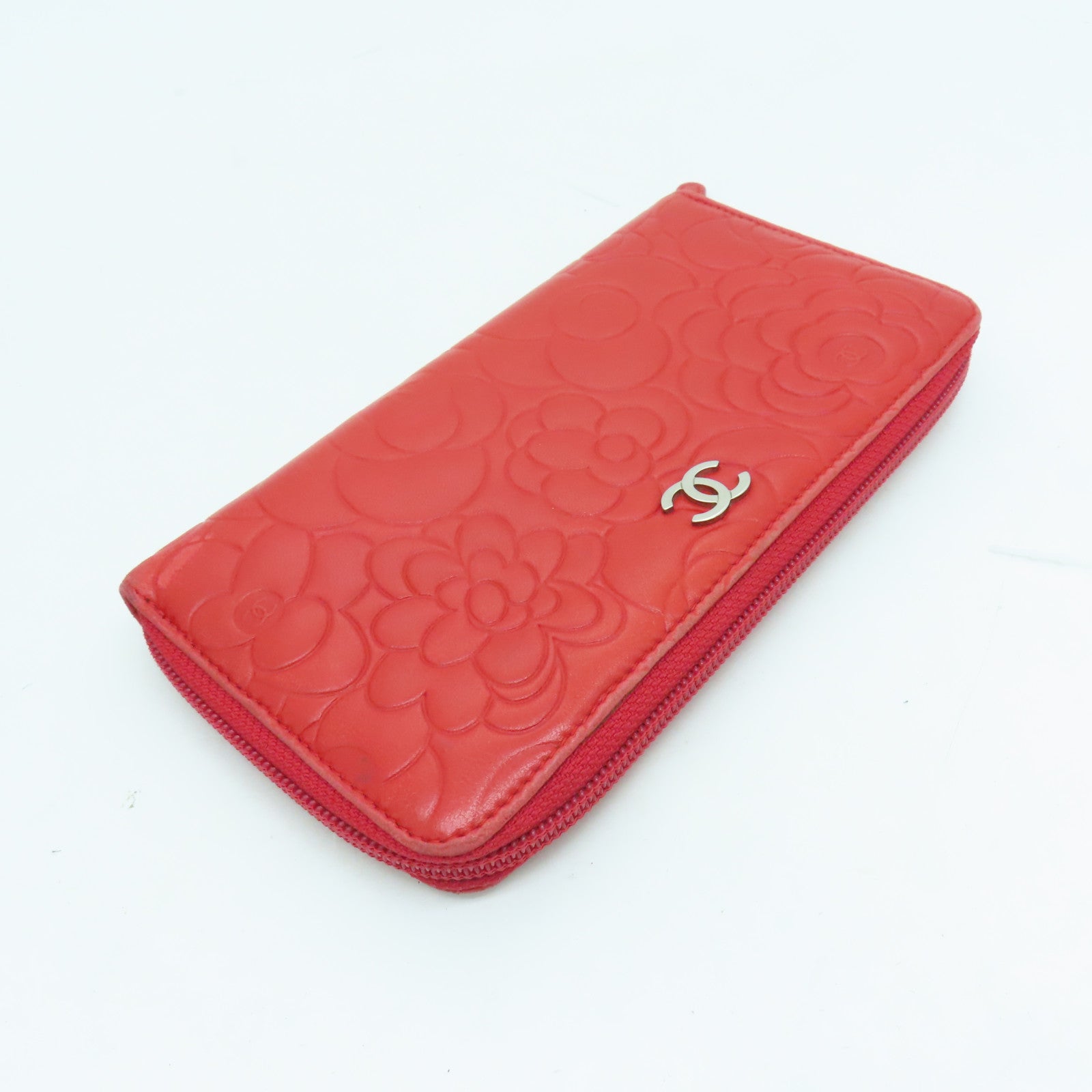 CHANEL Sheepskin Leather Long Wallet Silver Buckle Long Wallet Red