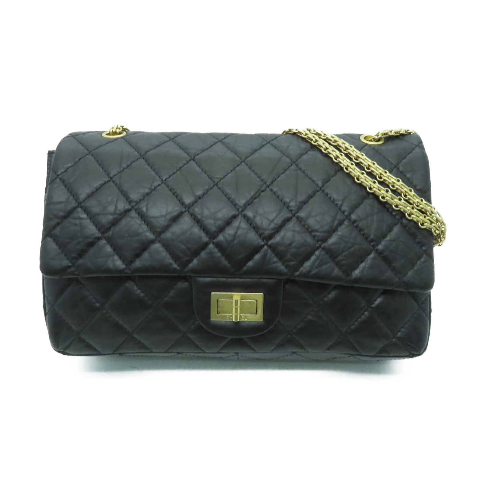 CHANEL 菱格牛皮皮革2.55金扣鏈帶肩背袋黑色