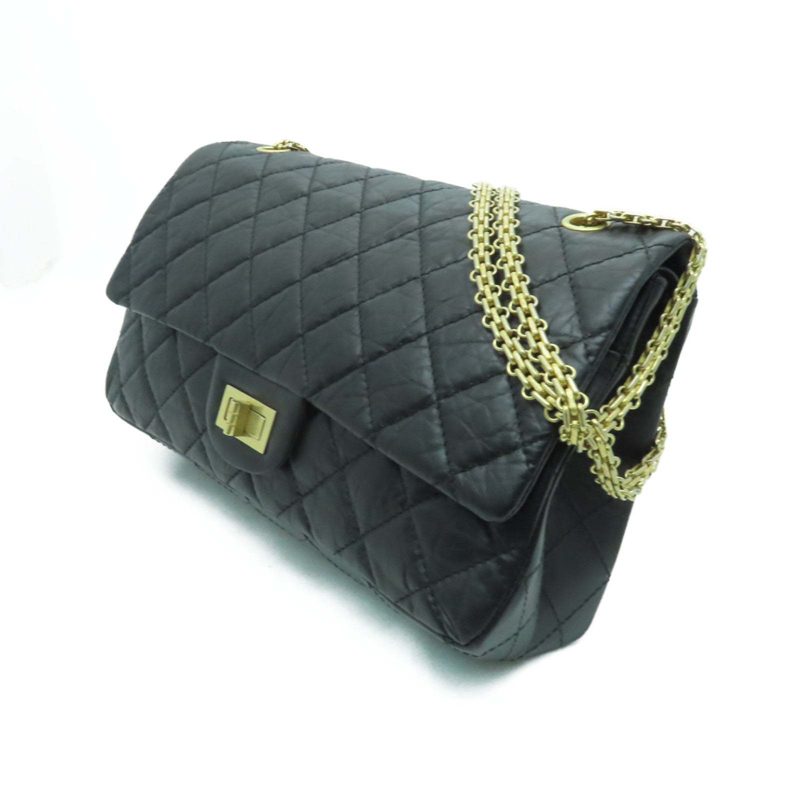 CHANEL 菱格牛皮皮革2.55金扣鏈帶肩背袋黑色