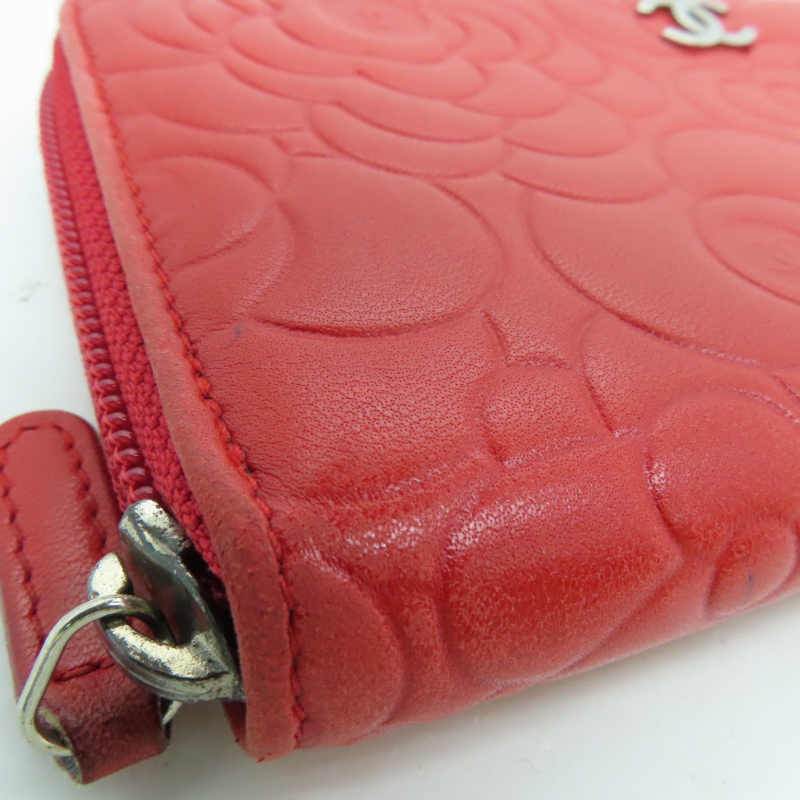 CHANEL Sheepskin Leather Long Wallet Silver Buckle Long Wallet Red