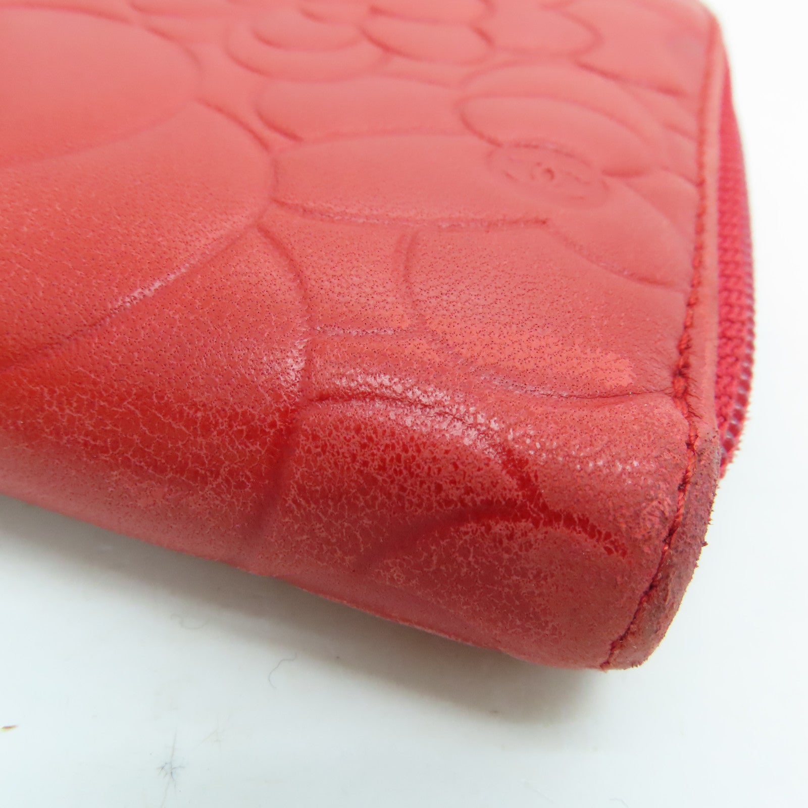 CHANEL Sheepskin Leather Long Wallet Silver Buckle Long Wallet Red