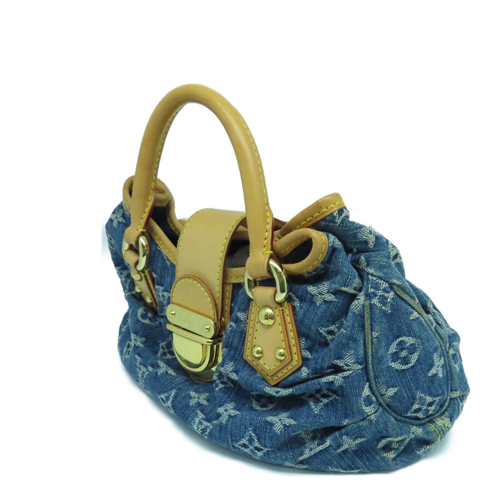 LOUIS VUITTON Monogram Denim Pleaty Gold Buckle Hand Bag Blue