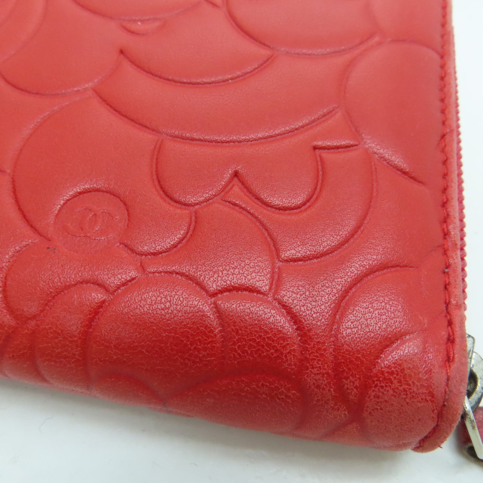 CHANEL Sheepskin Leather Long Wallet Silver Buckle Long Wallet Red