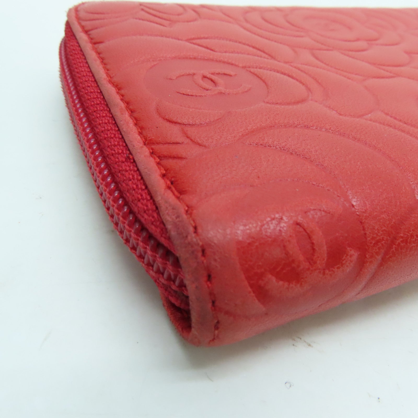 CHANEL Sheepskin Leather Long Wallet Silver Buckle Long Wallet Red