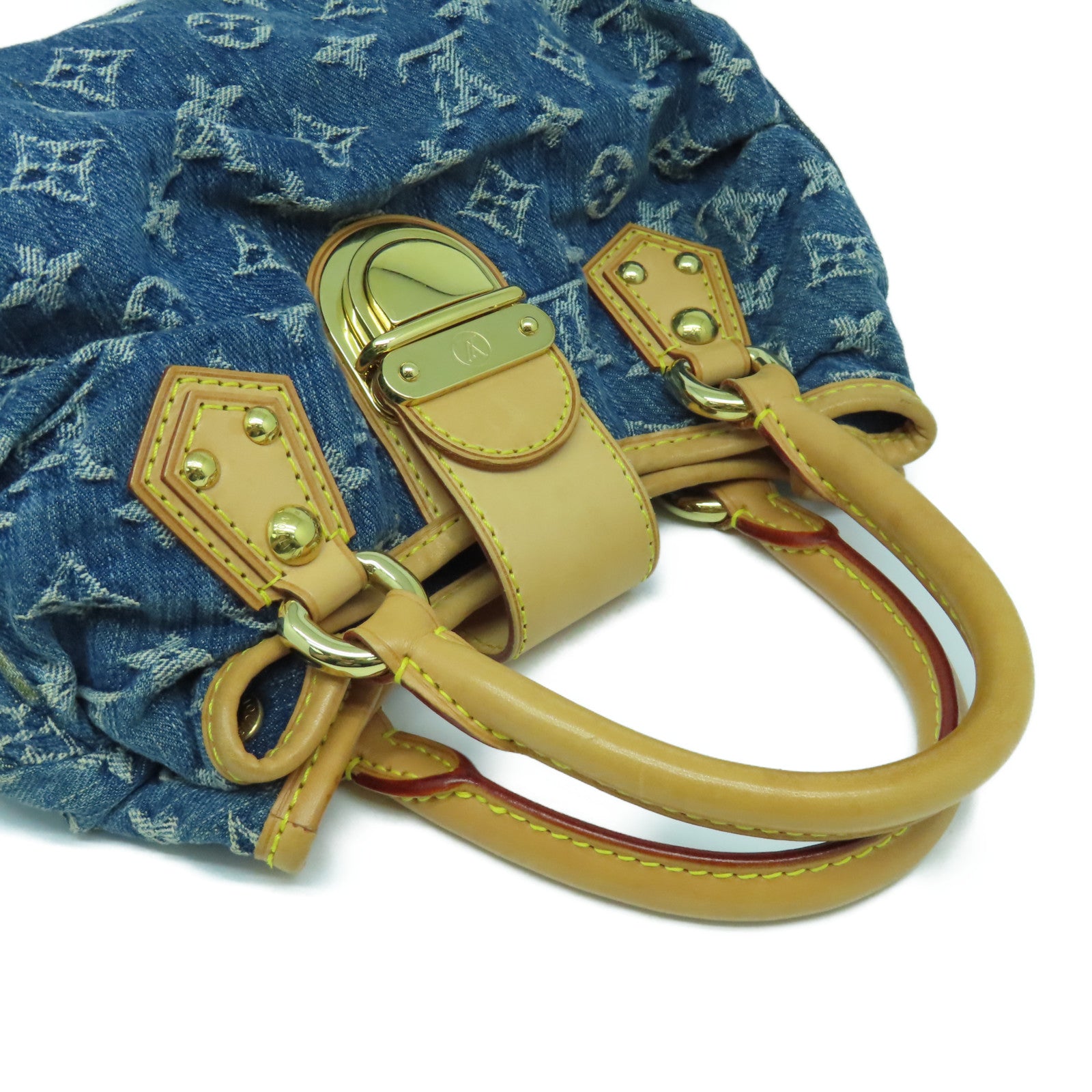 LOUIS VUITTON Monogram Denim Pleaty Gold Buckle Hand Bag Blue