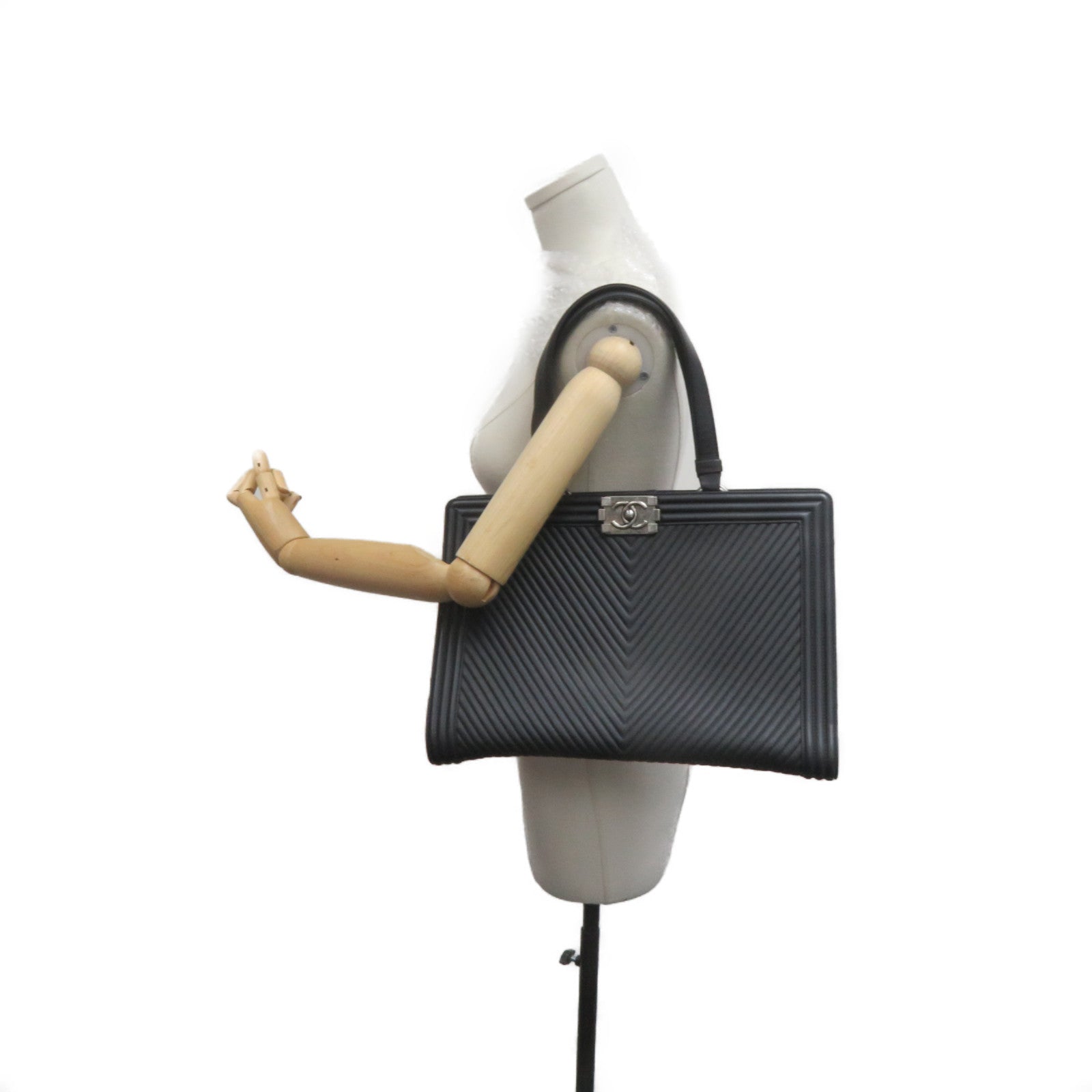 CHANEL 斜紋羊皮皮革Tote Bag銀扣肩帶袋黑色