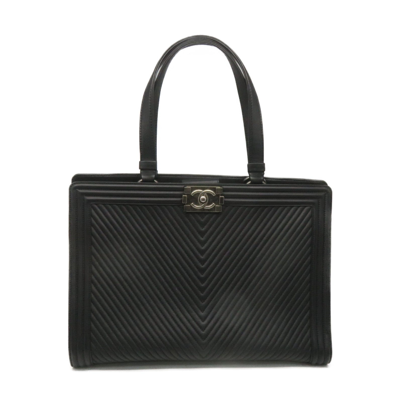 CHANEL 斜紋羊皮皮革Tote Bag銀扣肩帶袋黑色