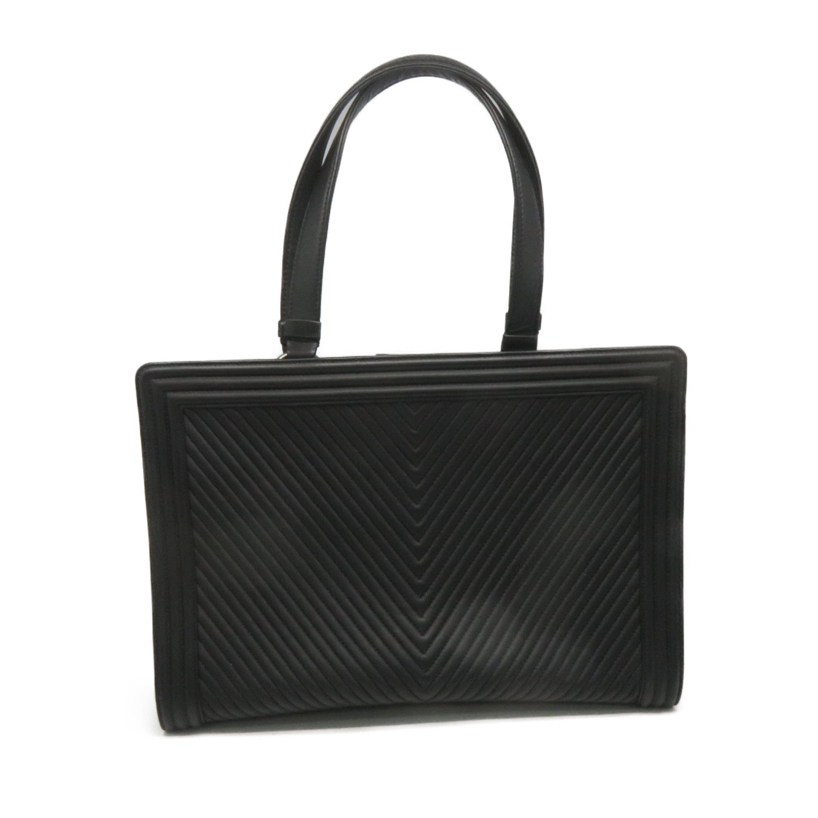 CHANEL 斜紋羊皮皮革Tote Bag銀扣肩帶袋黑色