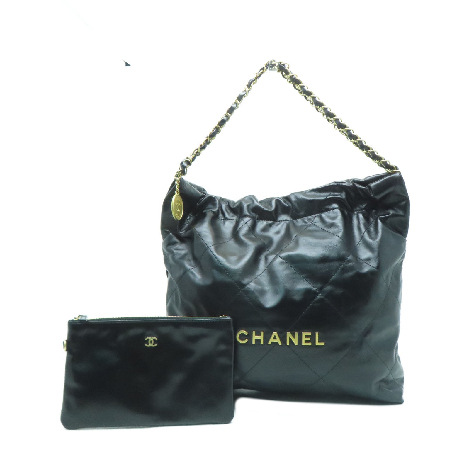 CHANEL 菱格牛皮皮革C22 Medium金扣鏈帶肩背袋黑色