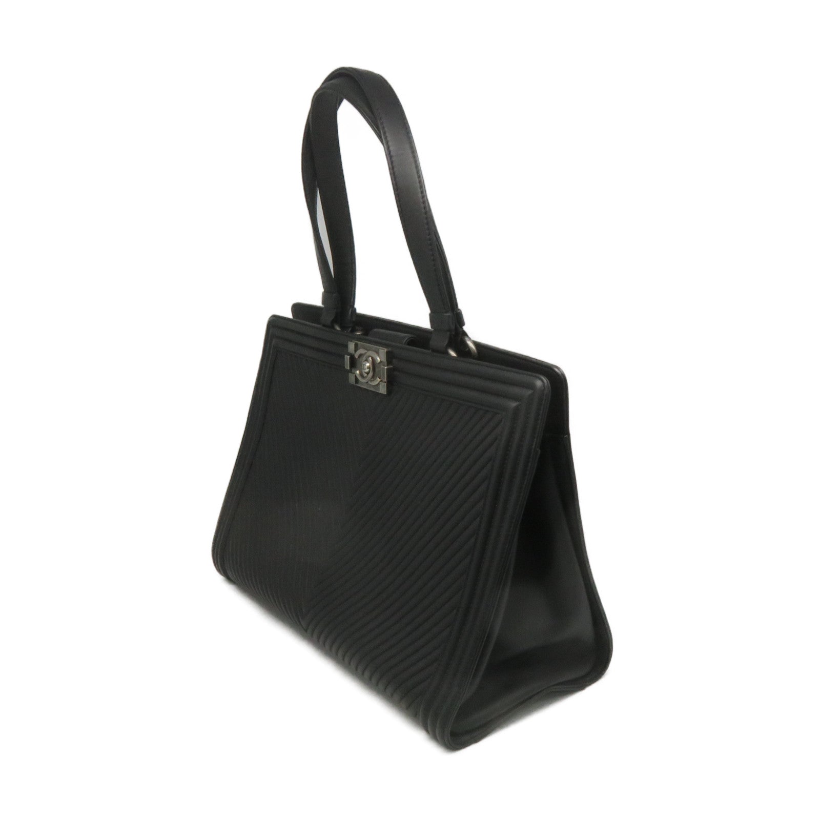 CHANEL 斜紋羊皮皮革Tote Bag銀扣肩帶袋黑色