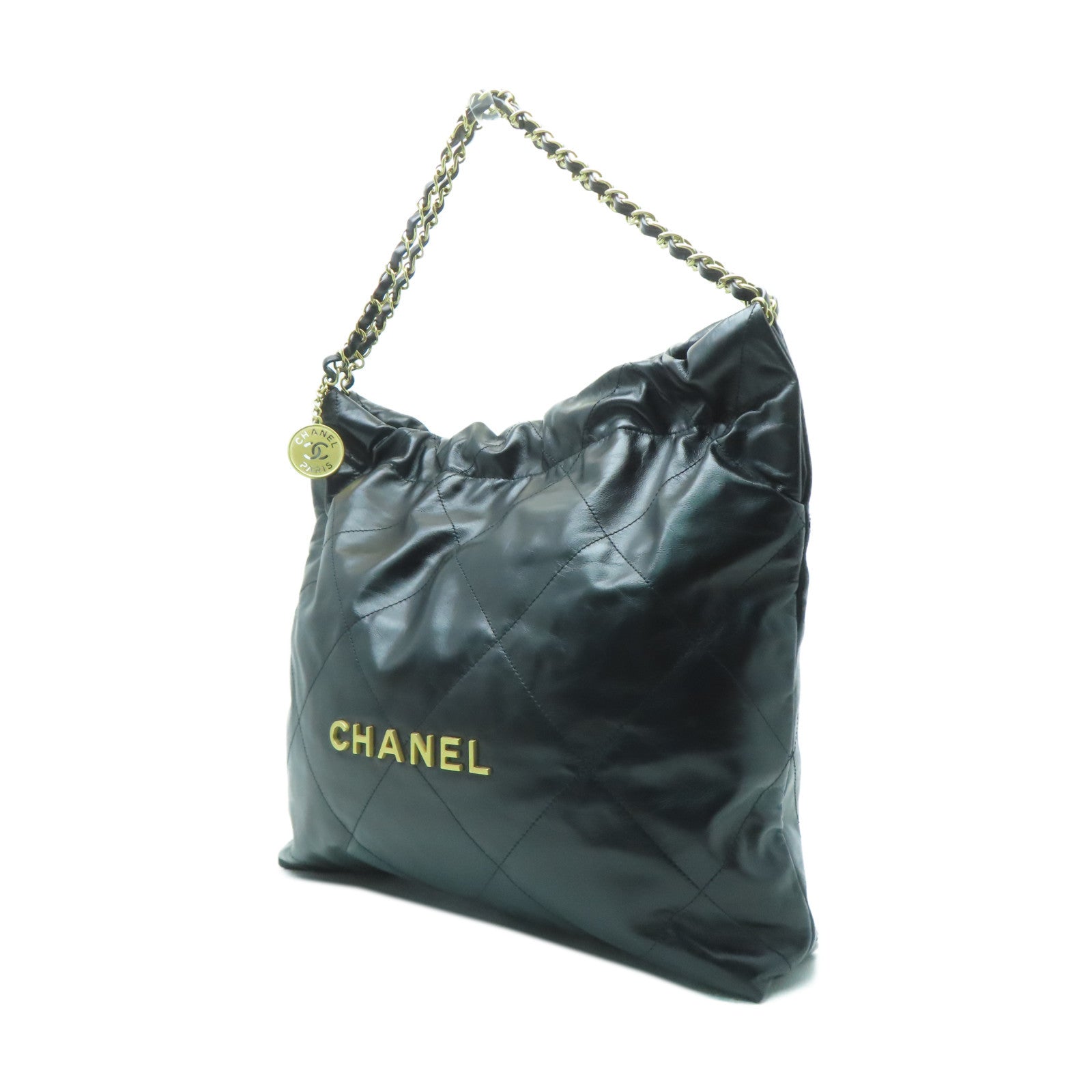 CHANEL 菱格牛皮皮革C22 Medium金扣鏈帶肩背袋黑色