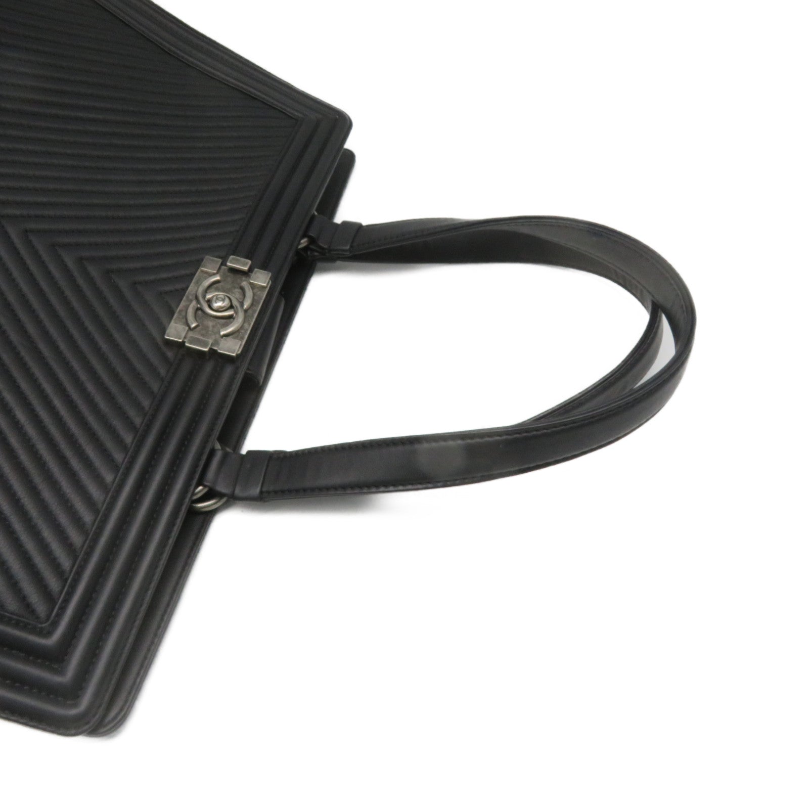 CHANEL 斜紋羊皮皮革Tote Bag銀扣肩帶袋黑色