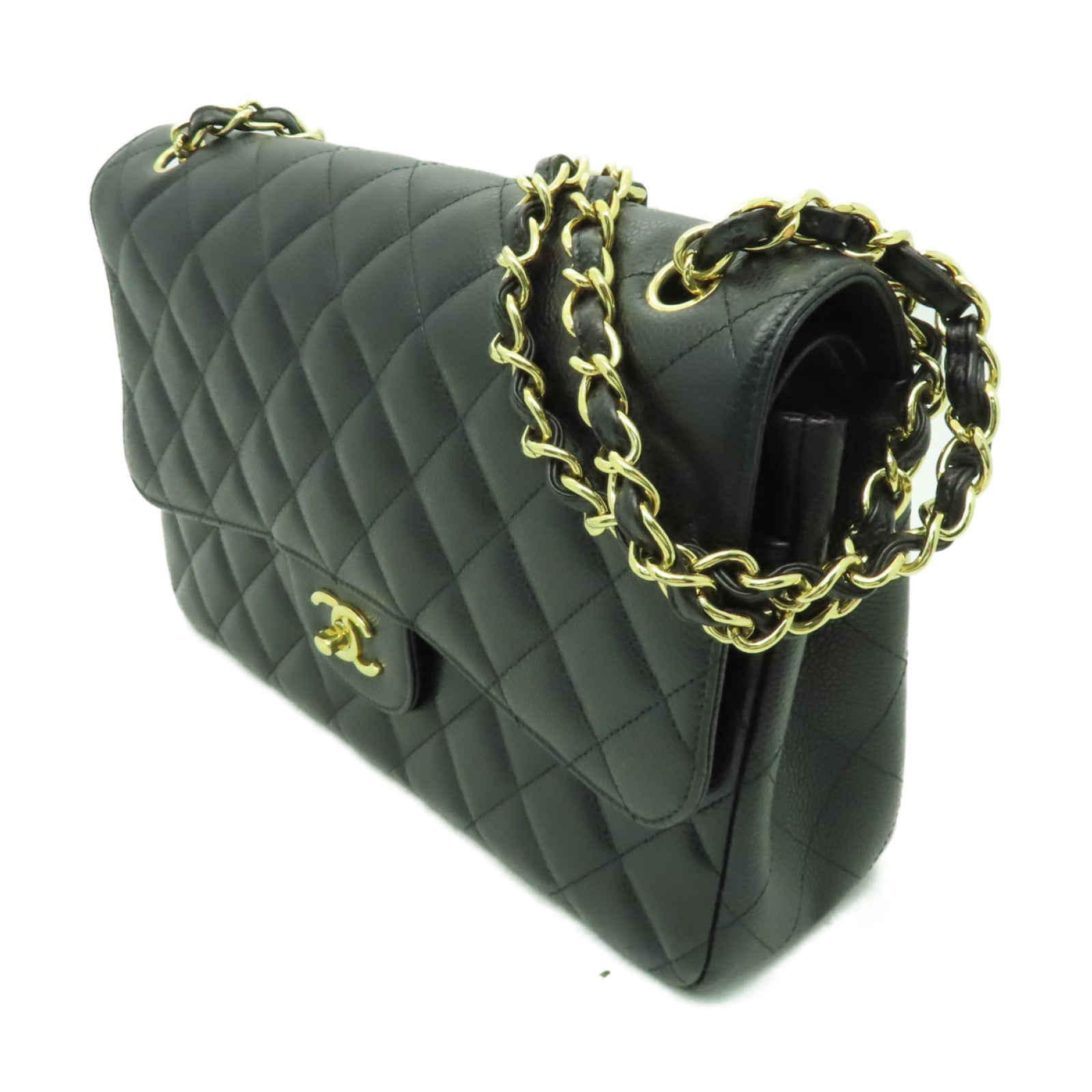 CHANEL 菱格Caviar皮革Classic Flap Jumbo金扣鏈帶肩背袋黒色