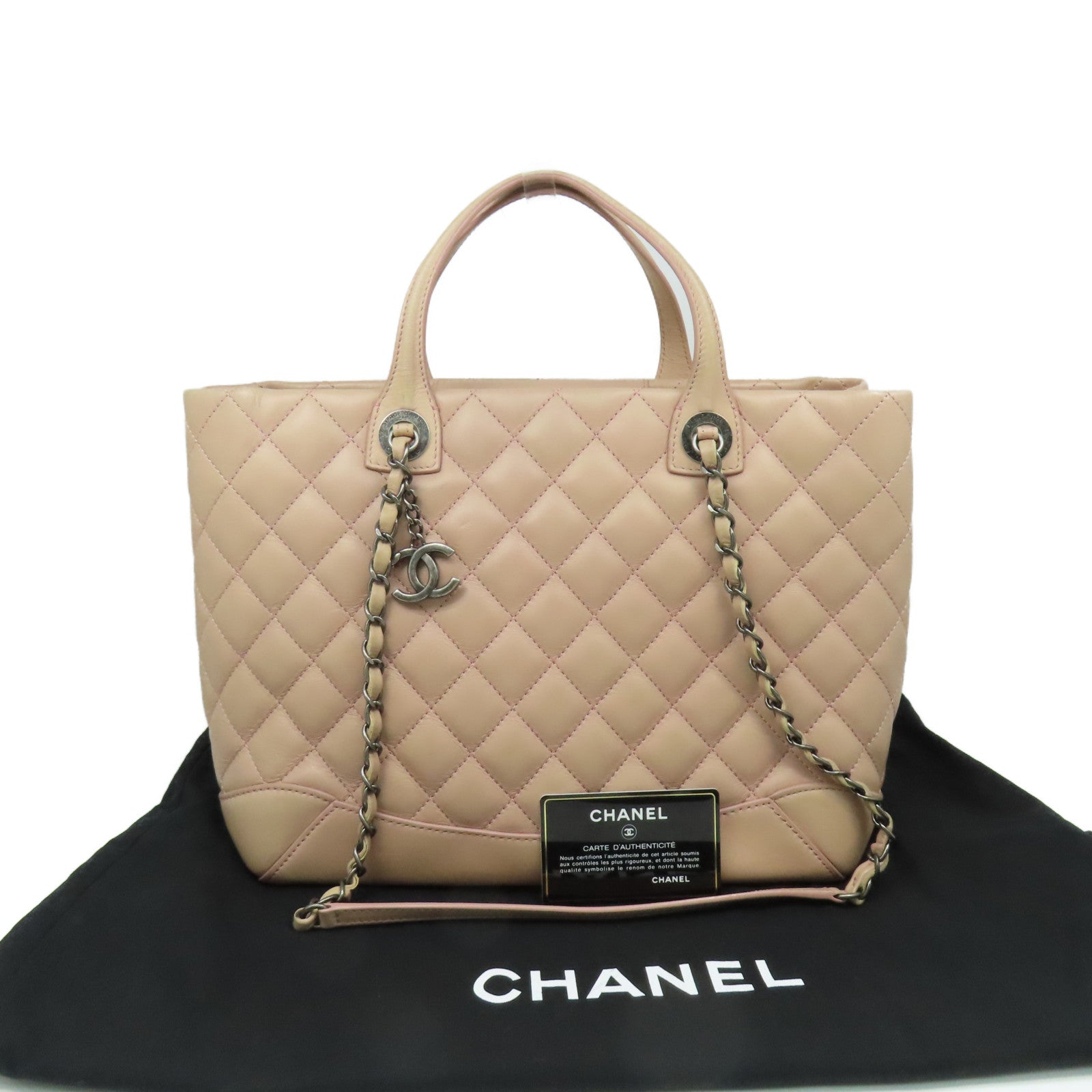 CHANEL 菱格羊皮皮革2Way Tote Bag銀扣鏈帶肩背袋粉紅色