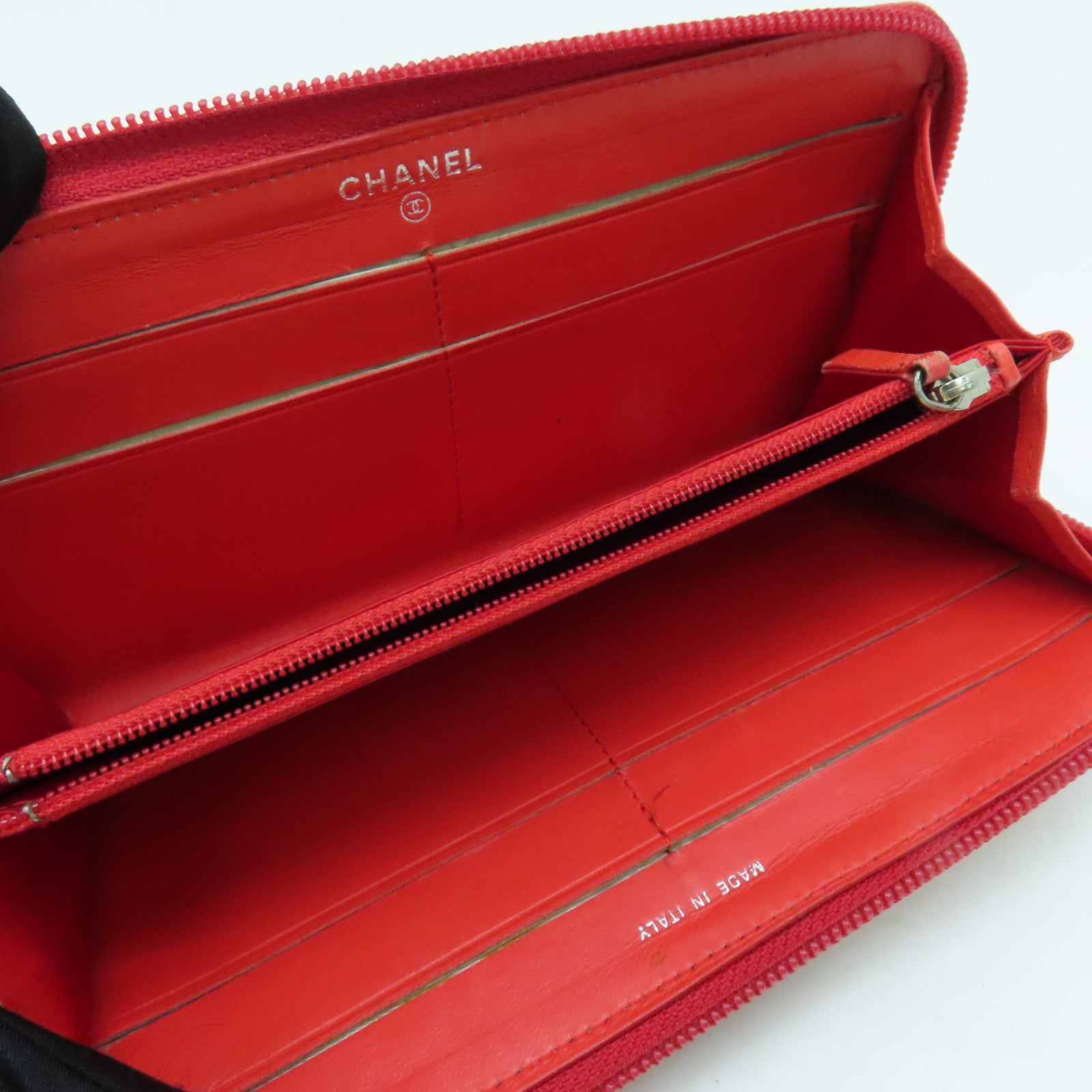 CHANEL Sheepskin Leather Long Wallet Silver Buckle Long Wallet Red
