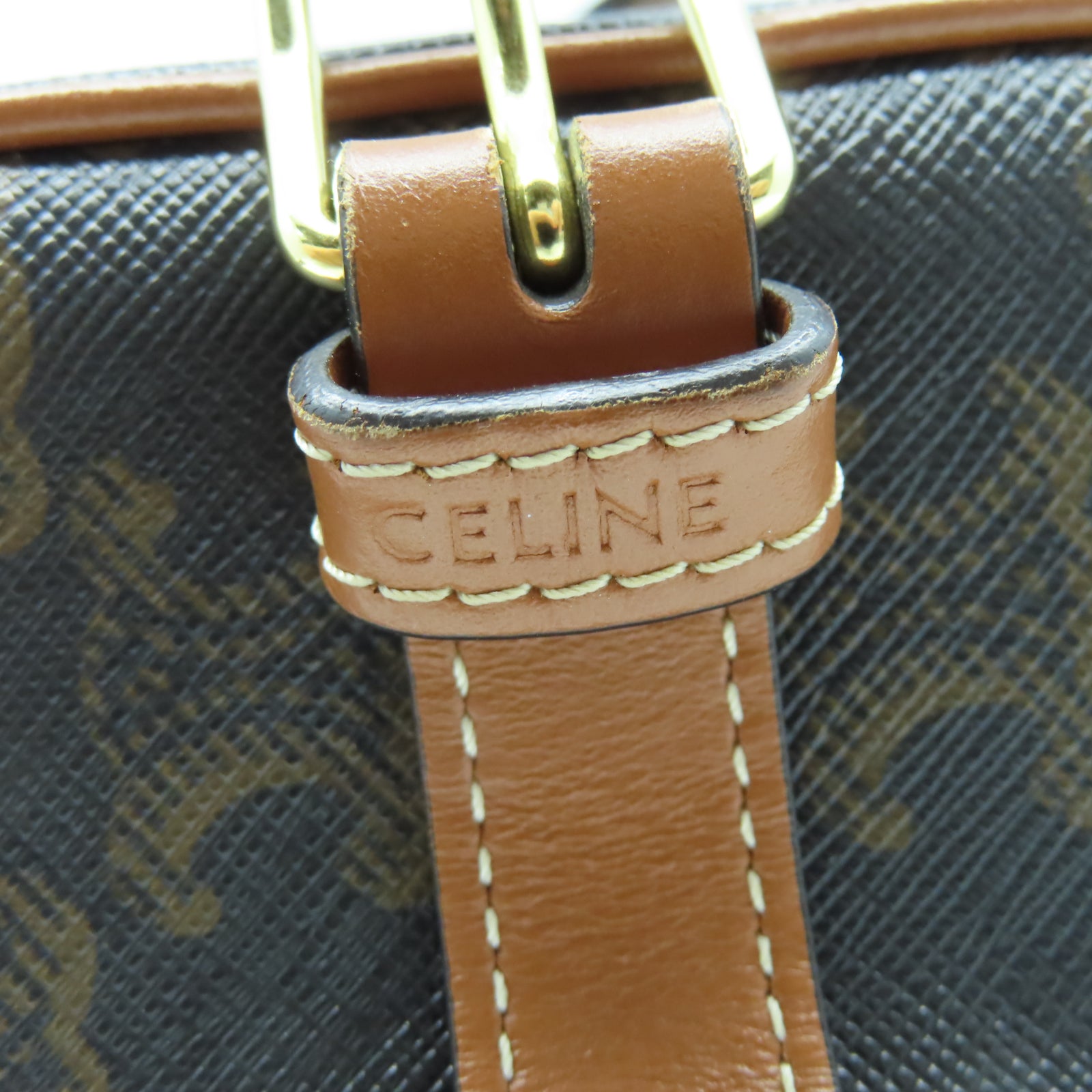 CELINE 塗層帆布Triomphe Foleo金扣肩背袋啡色/黑色