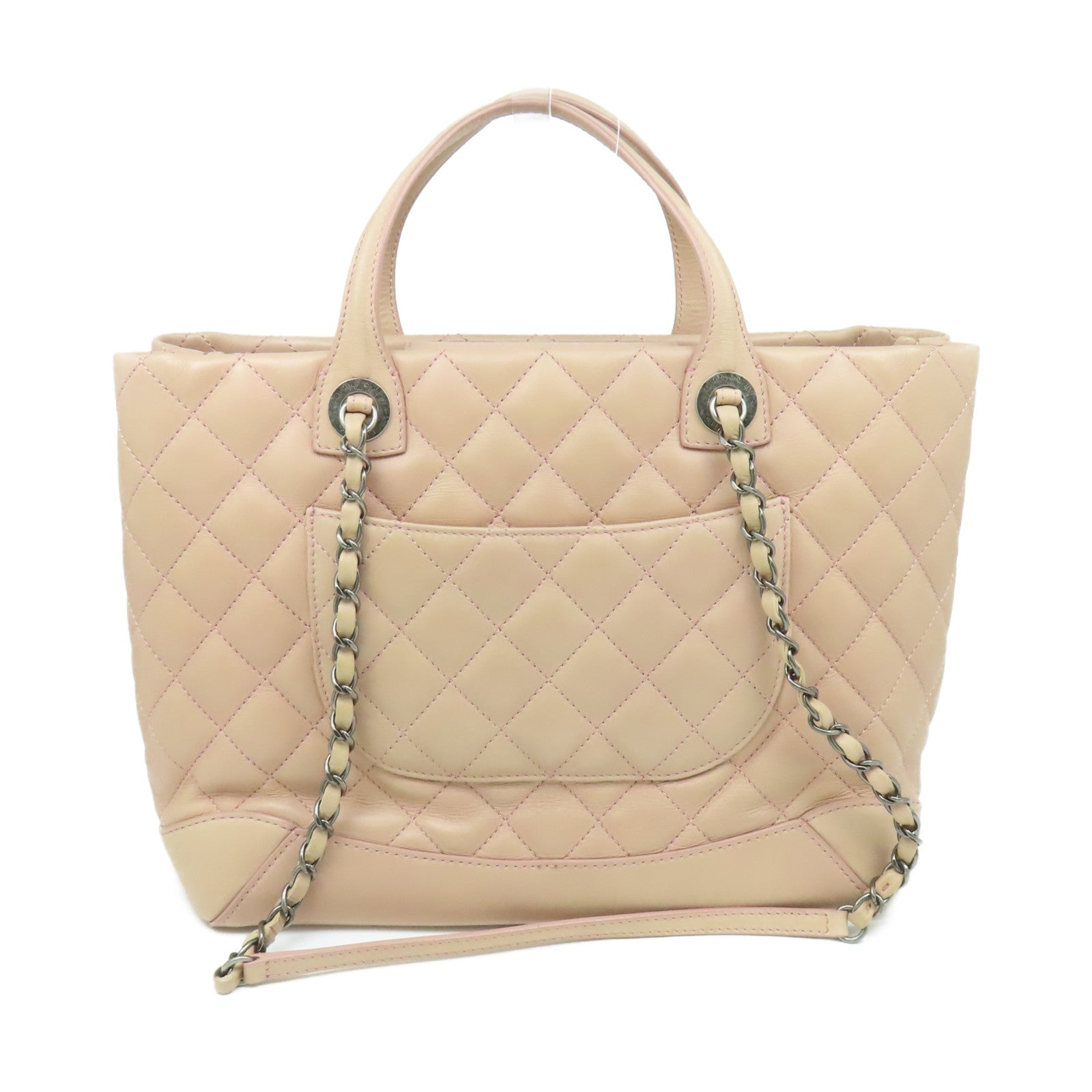CHANEL 菱格羊皮皮革2Way Tote Bag銀扣鏈帶肩背袋粉紅色