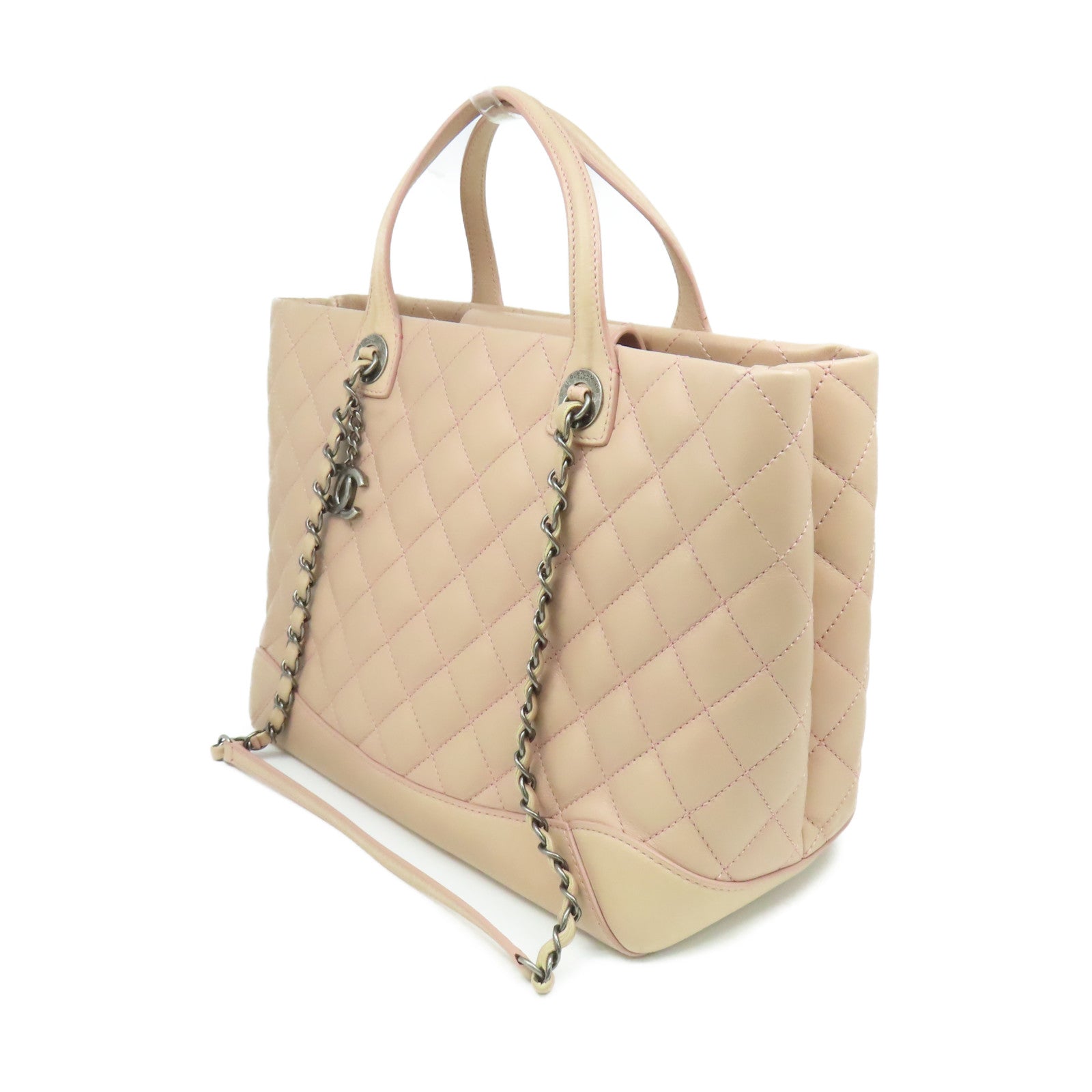 CHANEL 菱格羊皮皮革2Way Tote Bag銀扣鏈帶肩背袋粉紅色