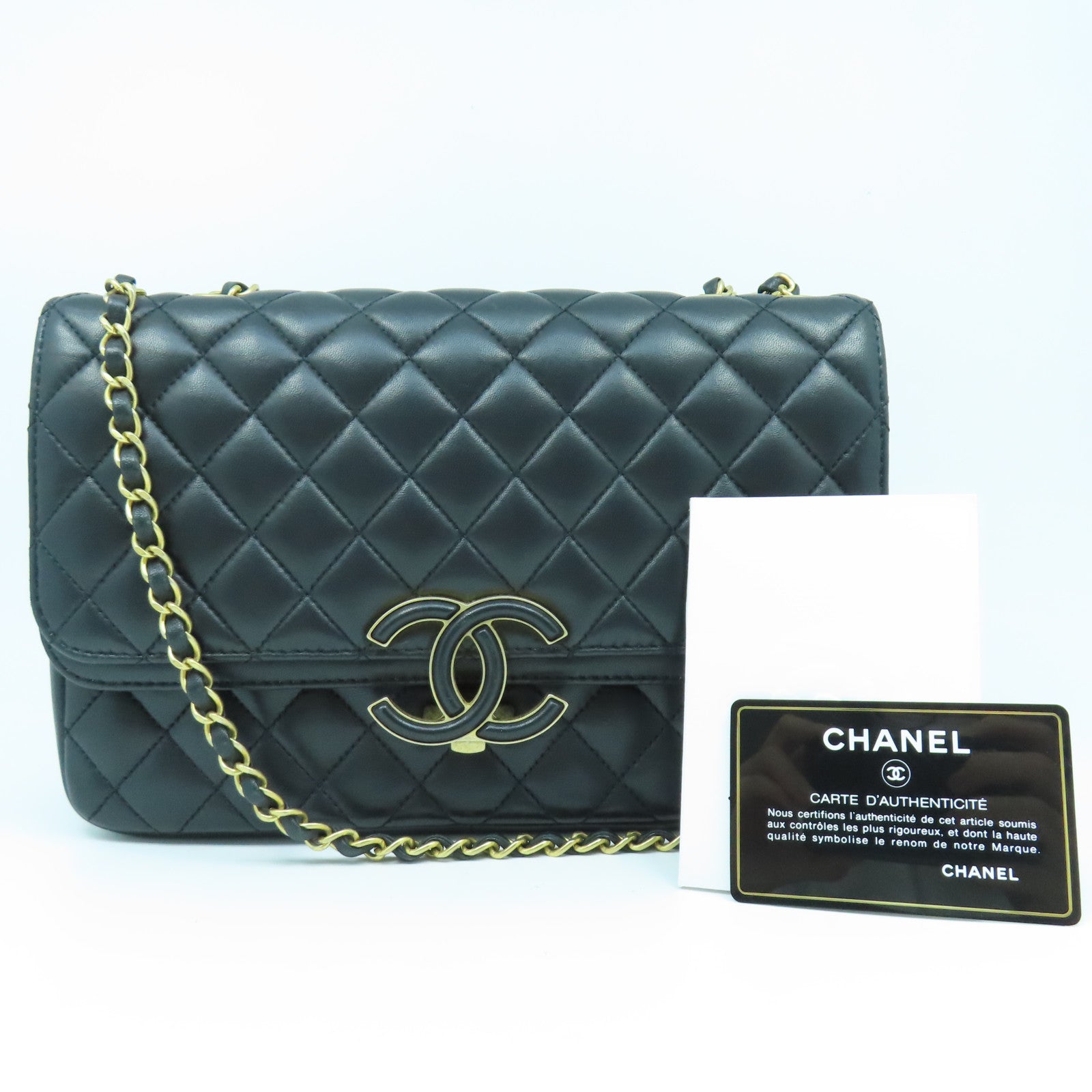 CHANEL 菱格羊皮皮革Shoulder Bag金扣鏈帶肩背袋黑色